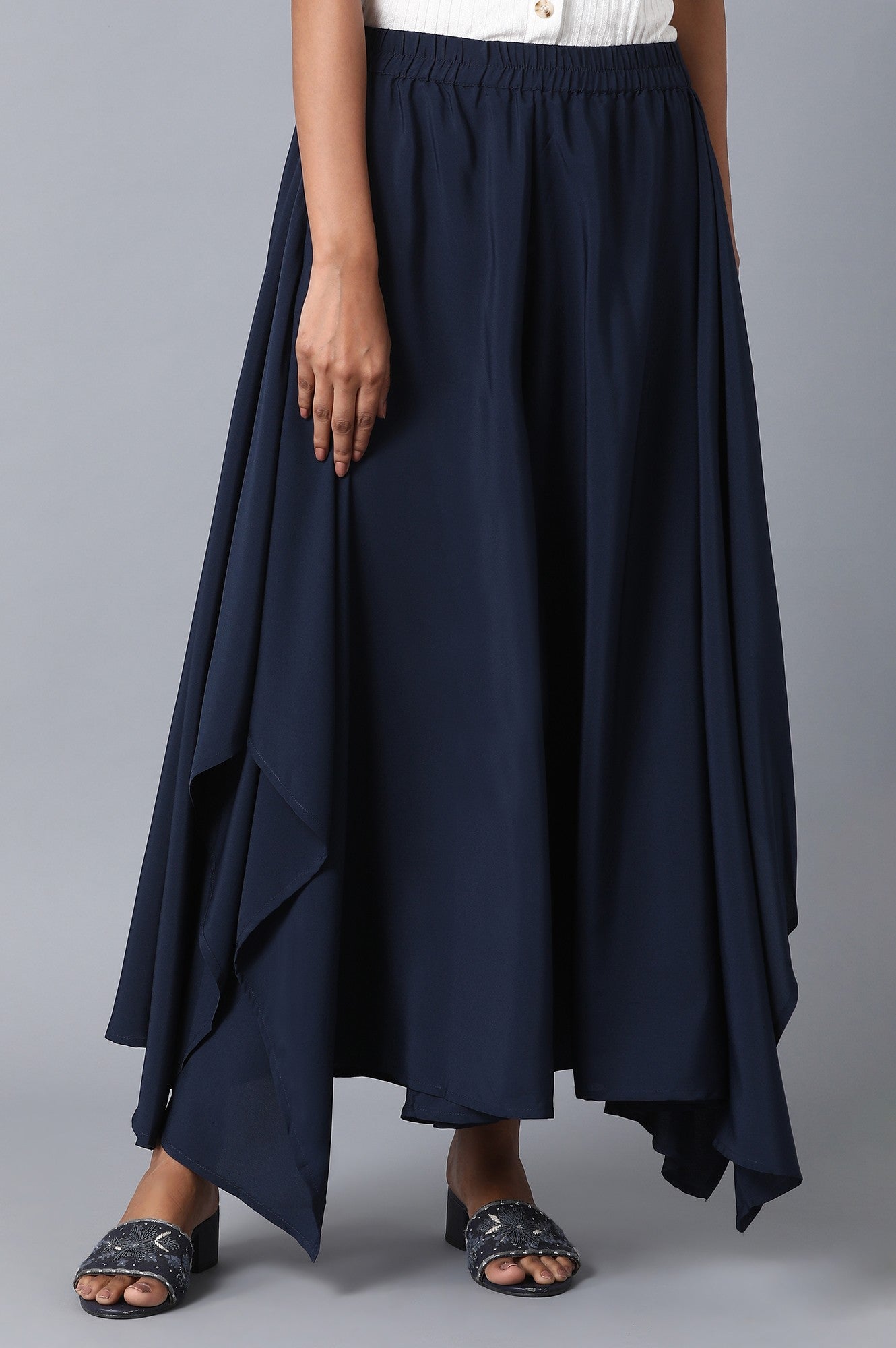 Navy Blue Solid Flared Woven Palazzo With Elasticated Waist