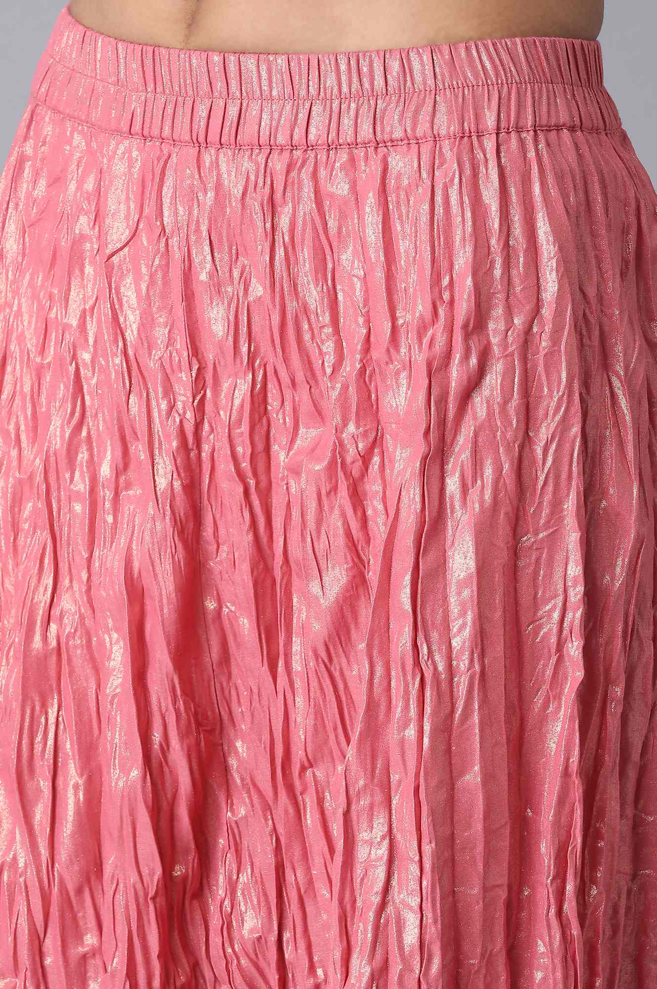 Pink Floral Printed Flared Cotton Skirt With Elasticated Waist