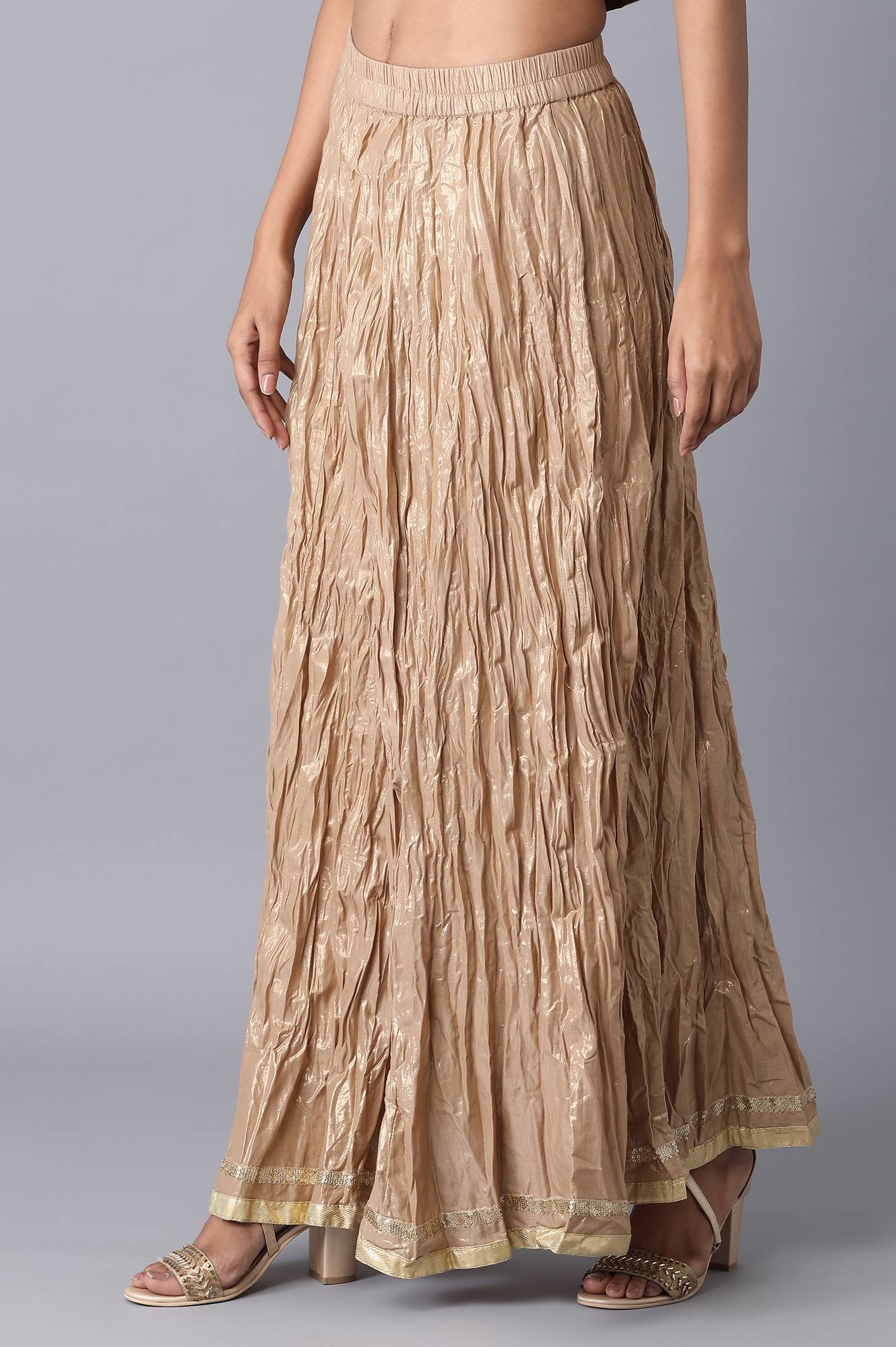 Gold Crinkled Flared Cotton Skirt With Elasticated Waist