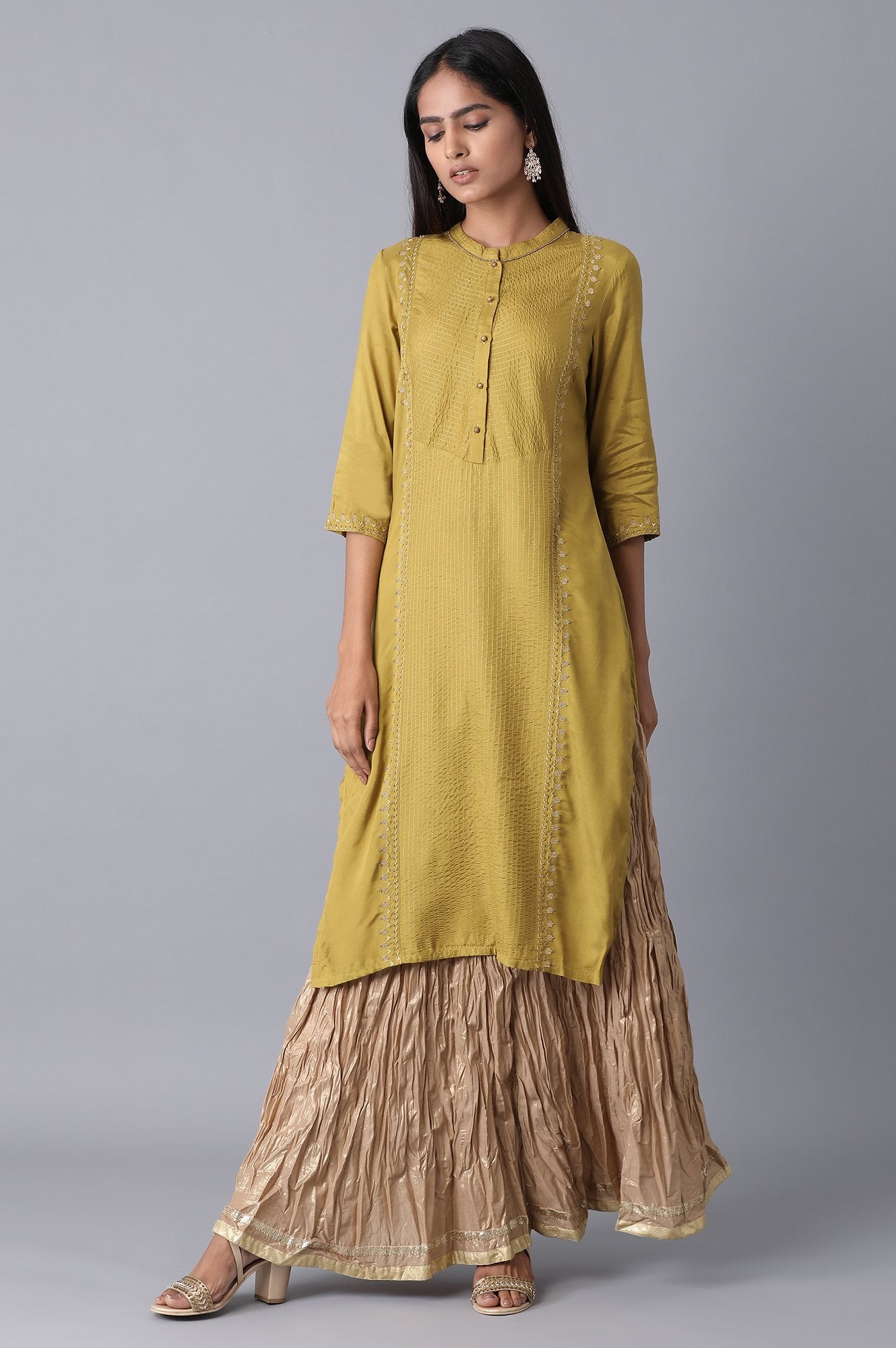 Gold Crinkled Flared Cotton Skirt With Elasticated Waist