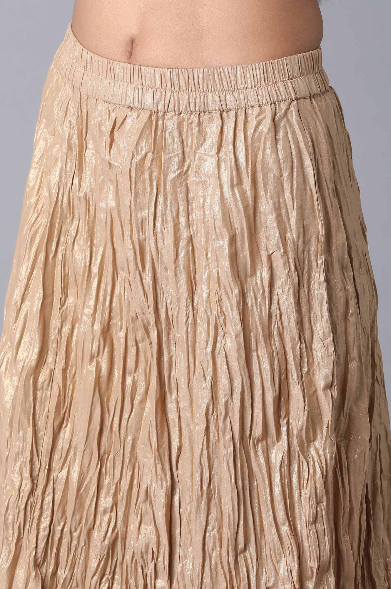 Gold Crinkled Flared Cotton Skirt With Elasticated Waist