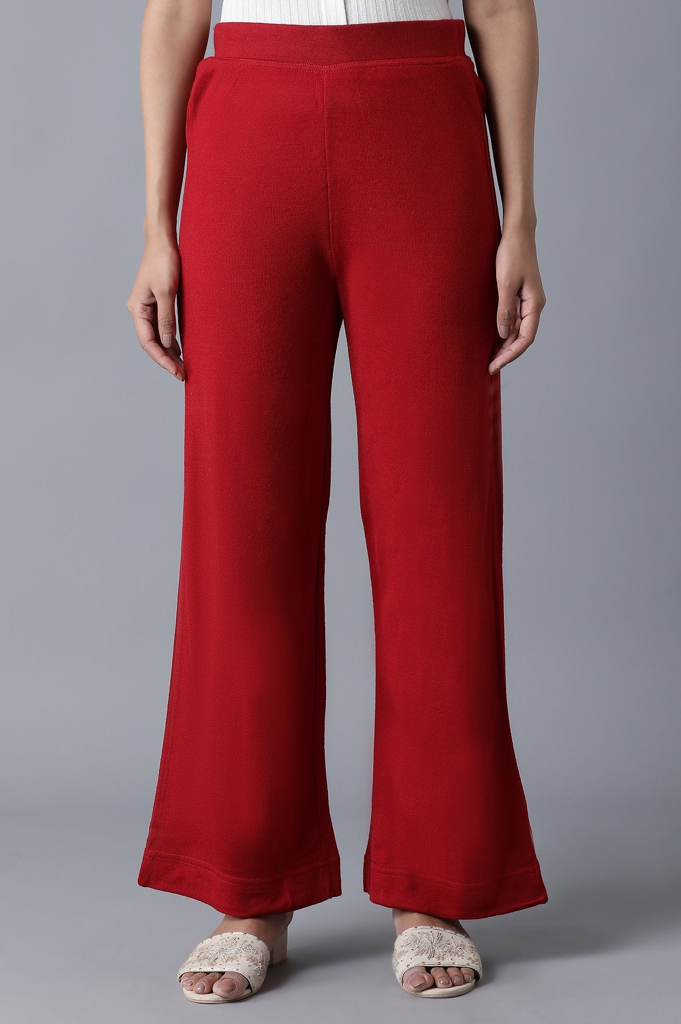 Red Solid Straight Fit Palazzo With Elasticated Waistband