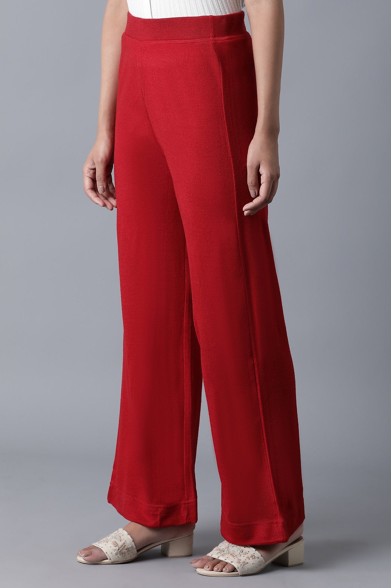 Red Solid Straight Fit Palazzo With Elasticated Waistband
