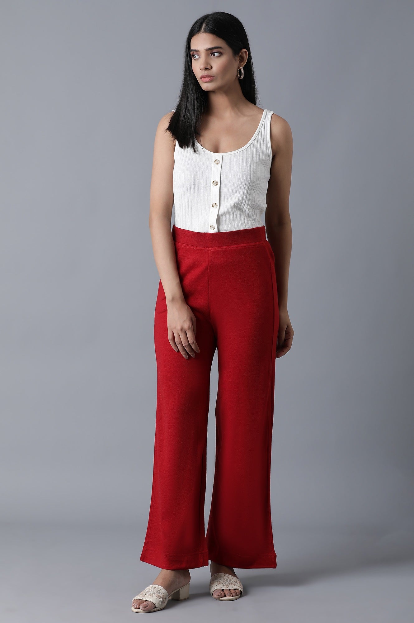 Red Solid Straight Fit Palazzo With Elasticated Waistband