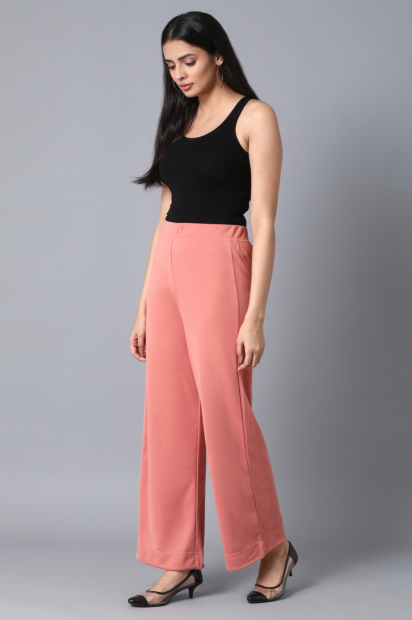 Pink Solid Straight Fit Palazzo With Elasticated Waistband