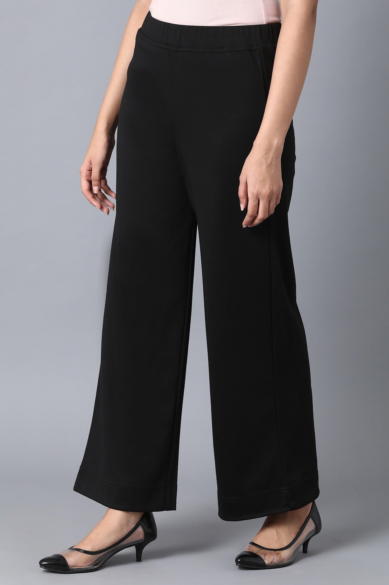 Black Solid Straight Fit Palazzo With Elasticated Waist