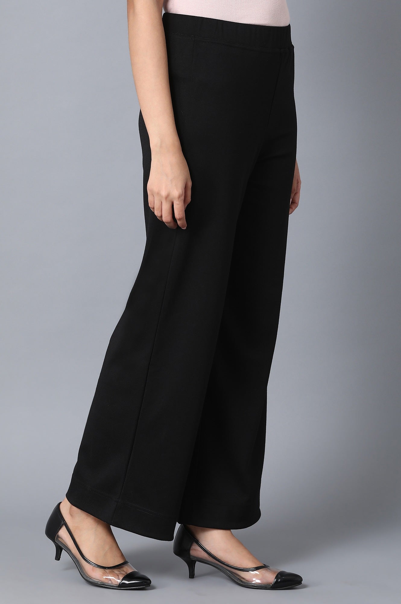 Black Solid Straight Fit Palazzo With Elasticated Waist