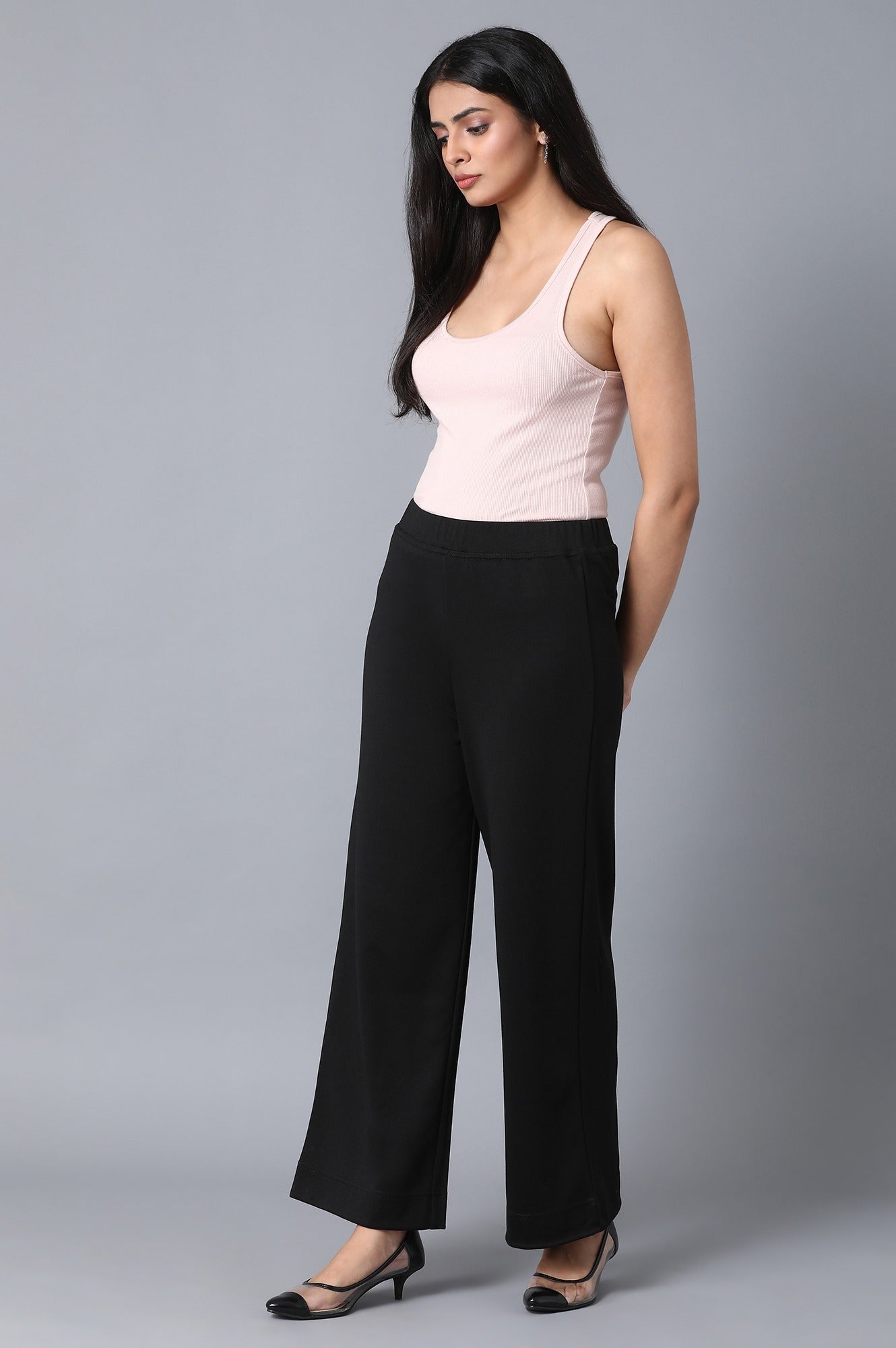Black Solid Straight Fit Palazzo With Elasticated Waist