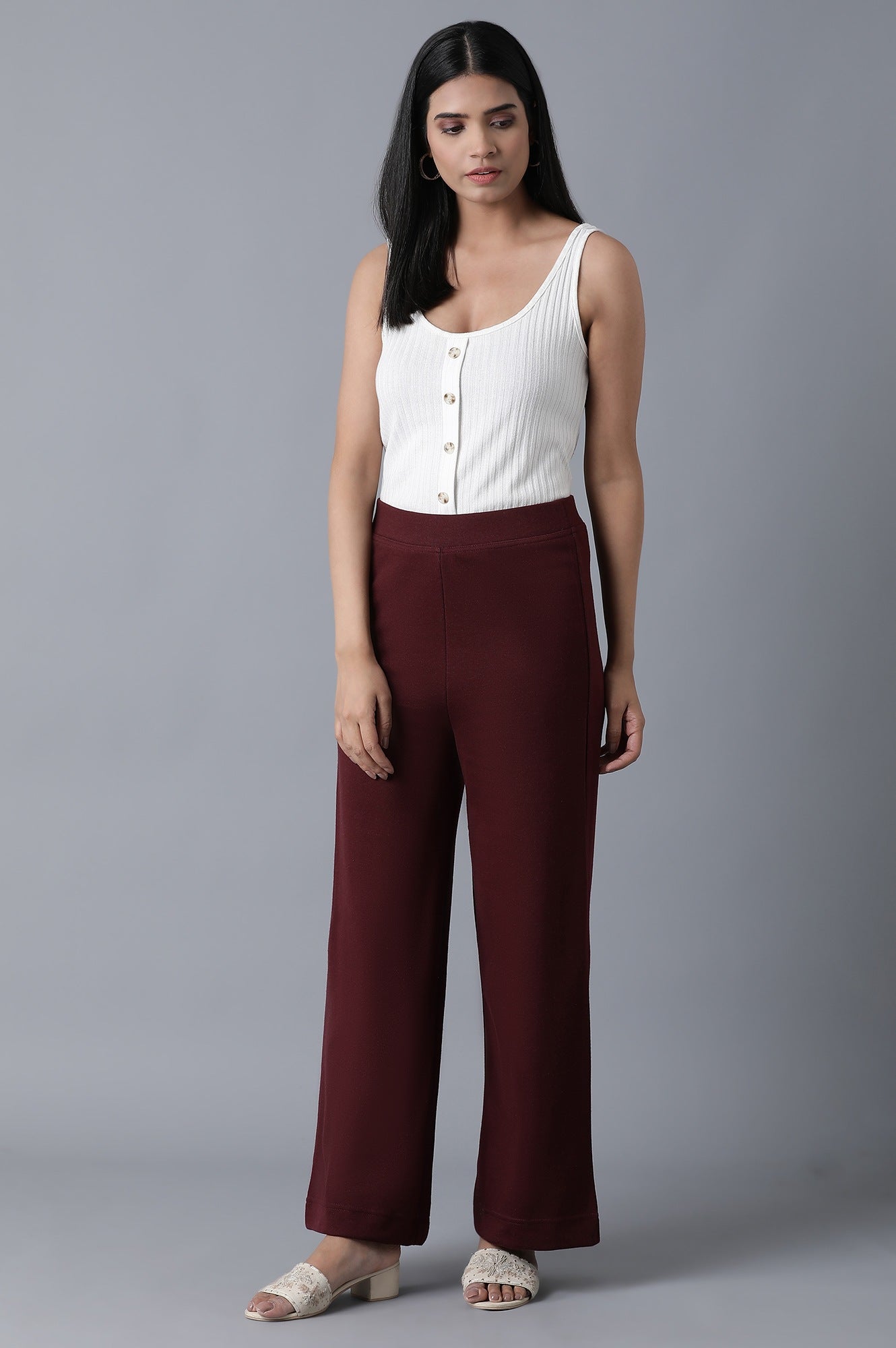Maroon Solid Straight Fit Palazzo With Elasticated Waistband