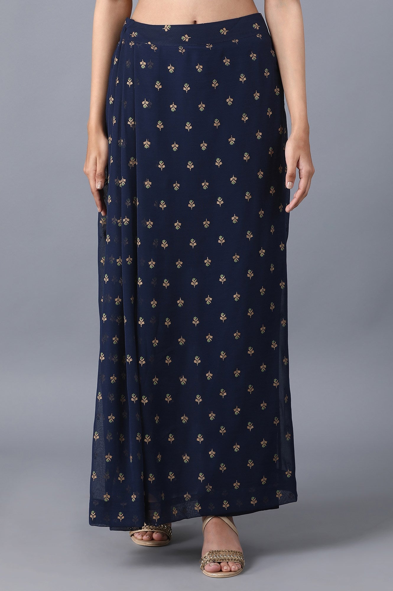 Navy Blue Floral Printed A Line Woven Palazzo With Side Zip