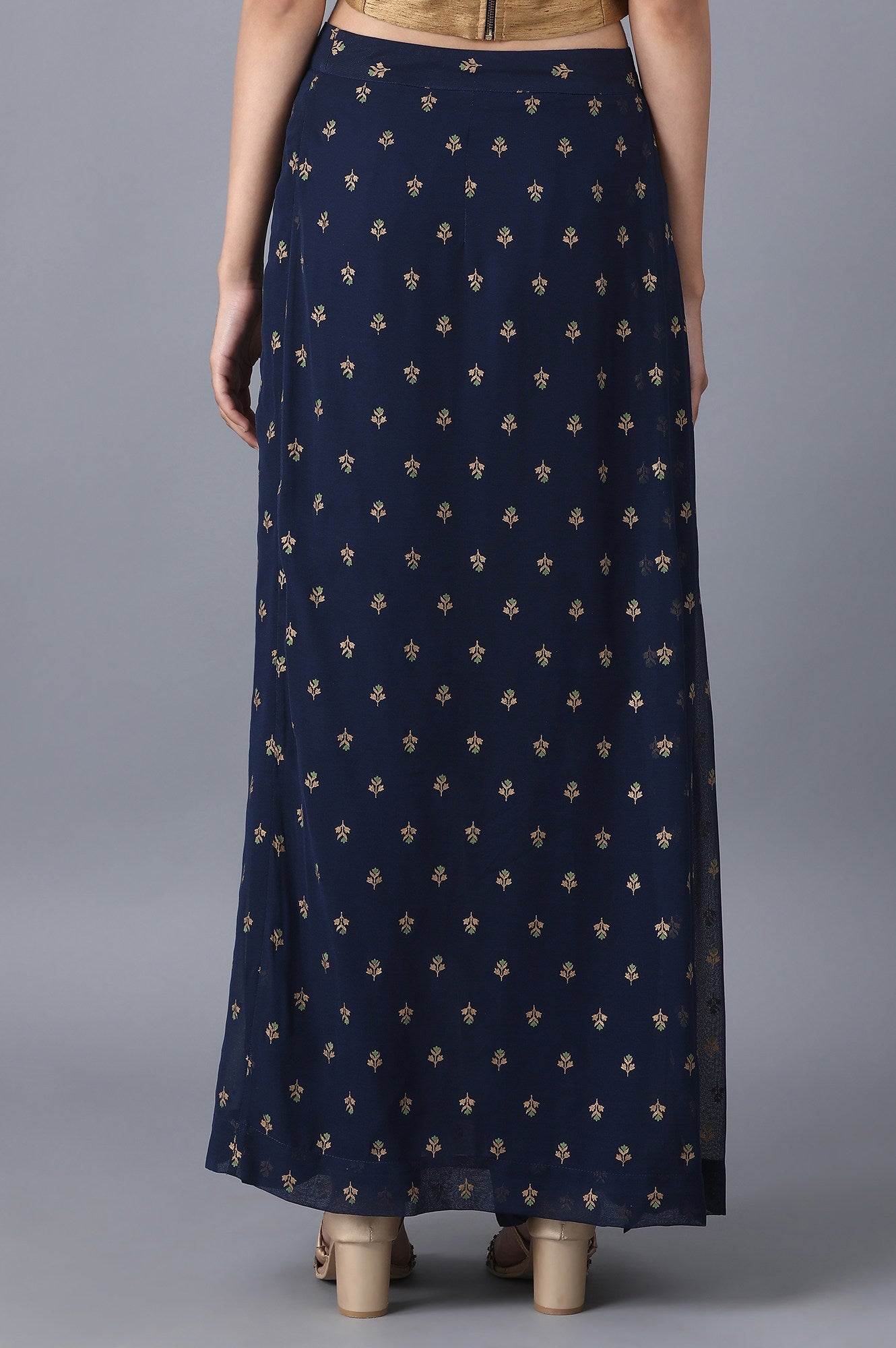 Navy Blue Floral Printed A Line Woven Palazzo With Side Zip