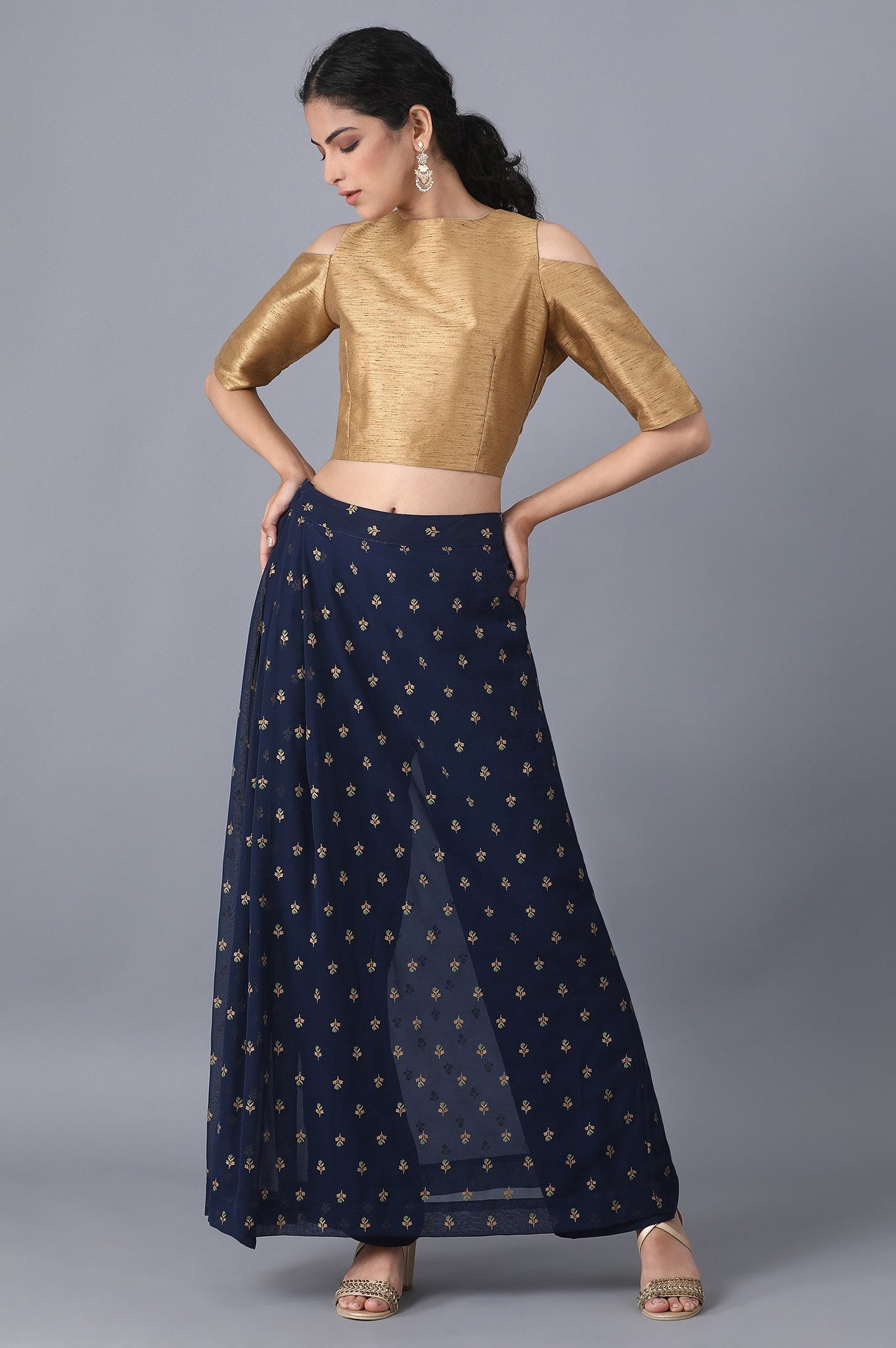 Navy Blue Floral Printed A Line Woven Palazzo With Side Zip