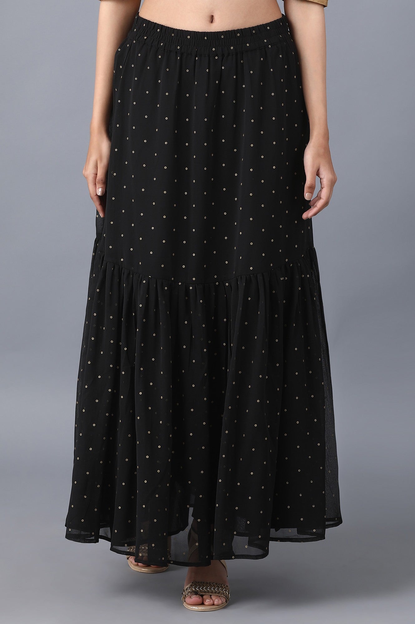 Black Dot Printed Flared Woven Skirt With Elasticated Waist