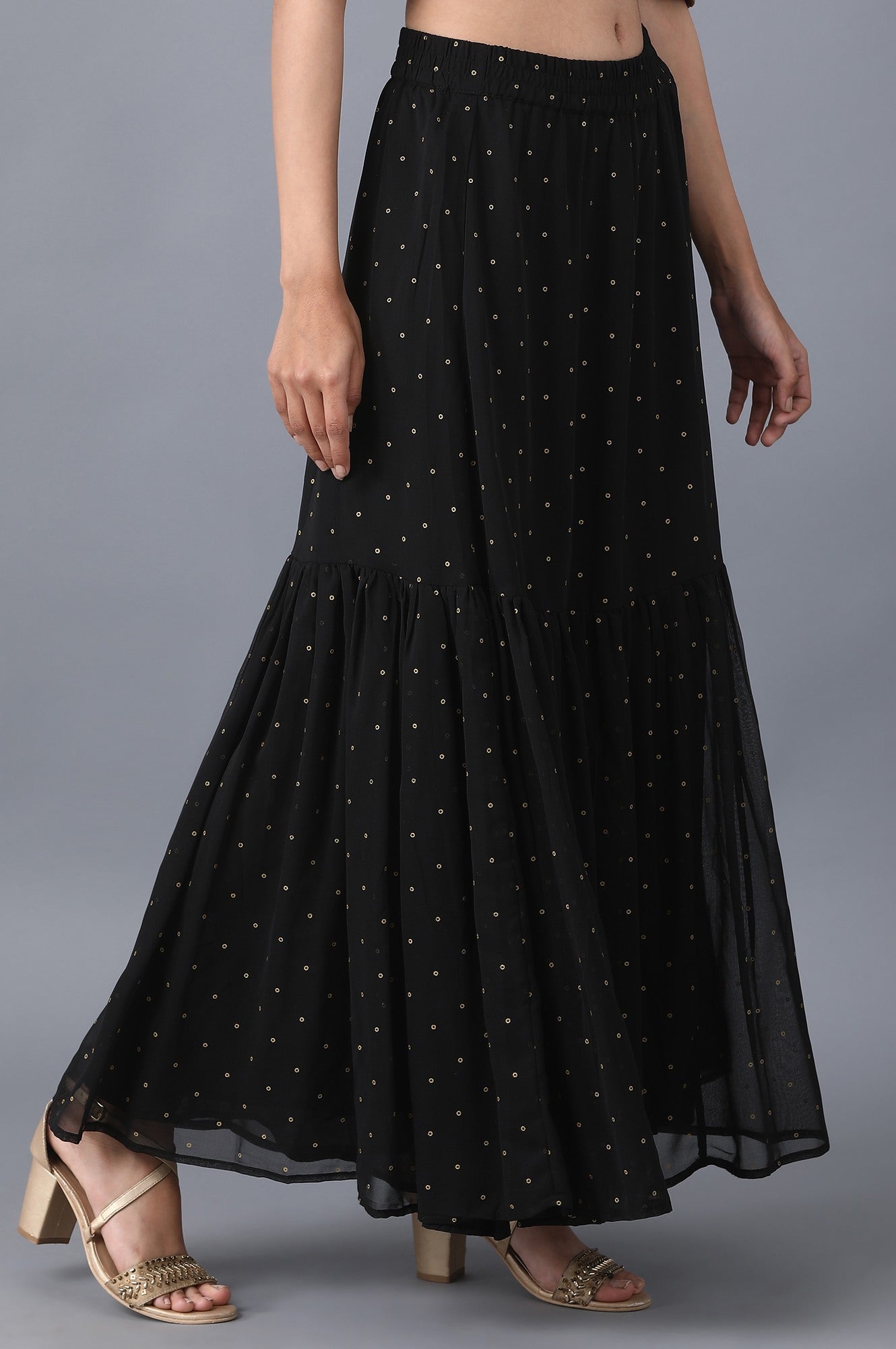 Black Dot Printed Flared Woven Skirt With Elasticated Waist
