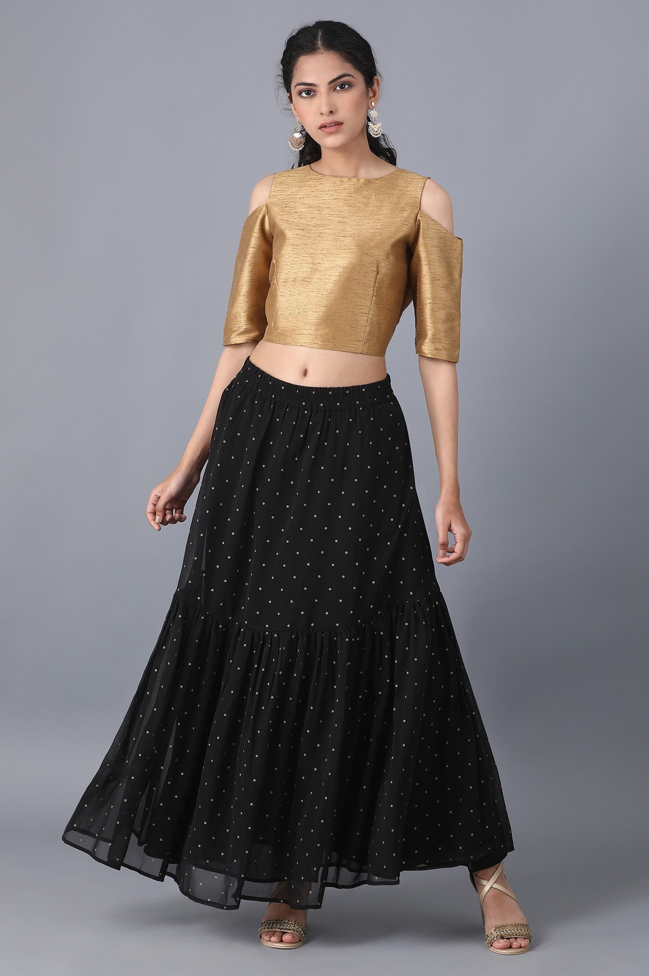 Black Dot Printed Flared Woven Skirt With Elasticated Waist