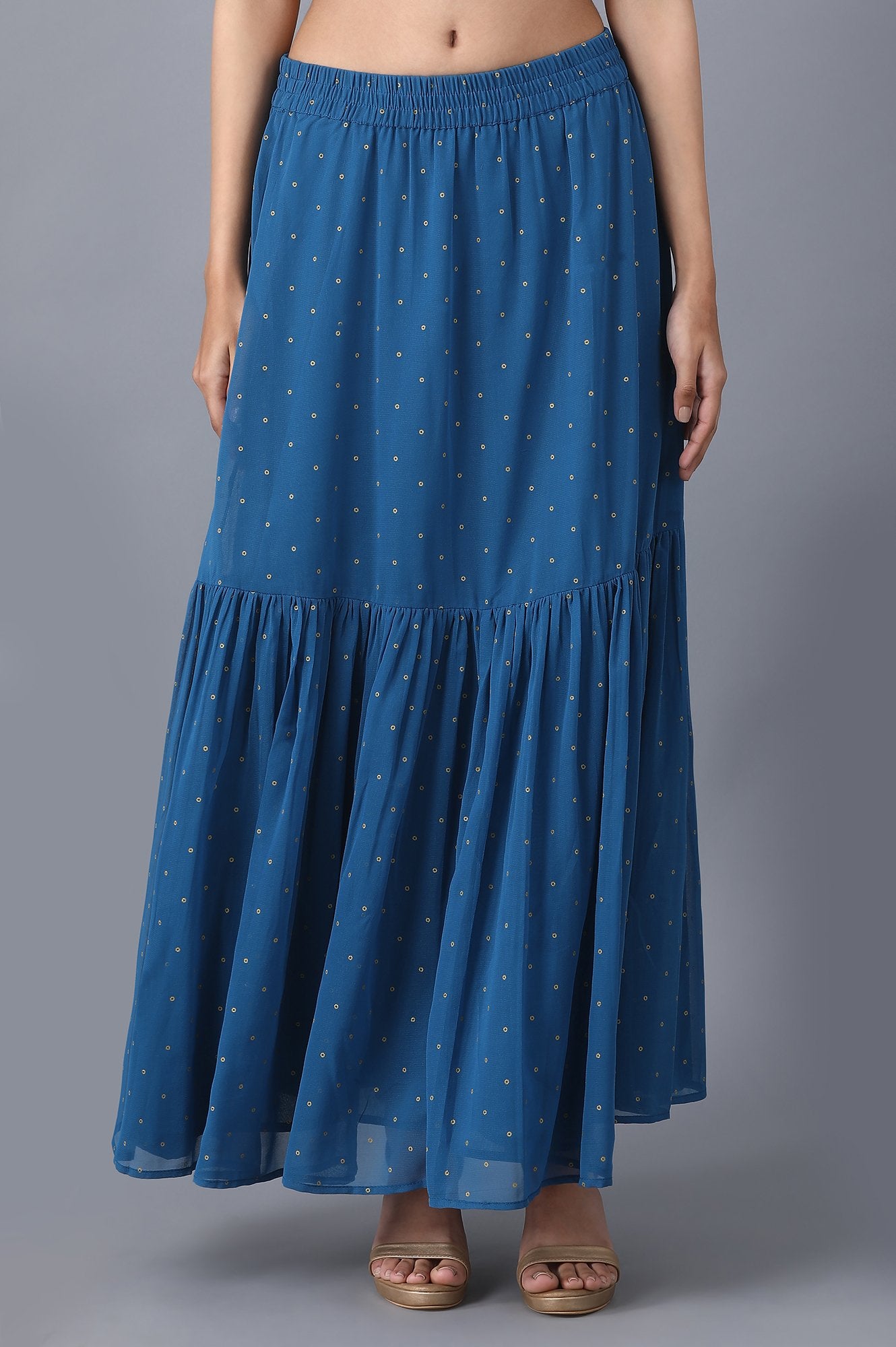 Blue Dot Printed Flared Woven Skirt With Elasticated Waist