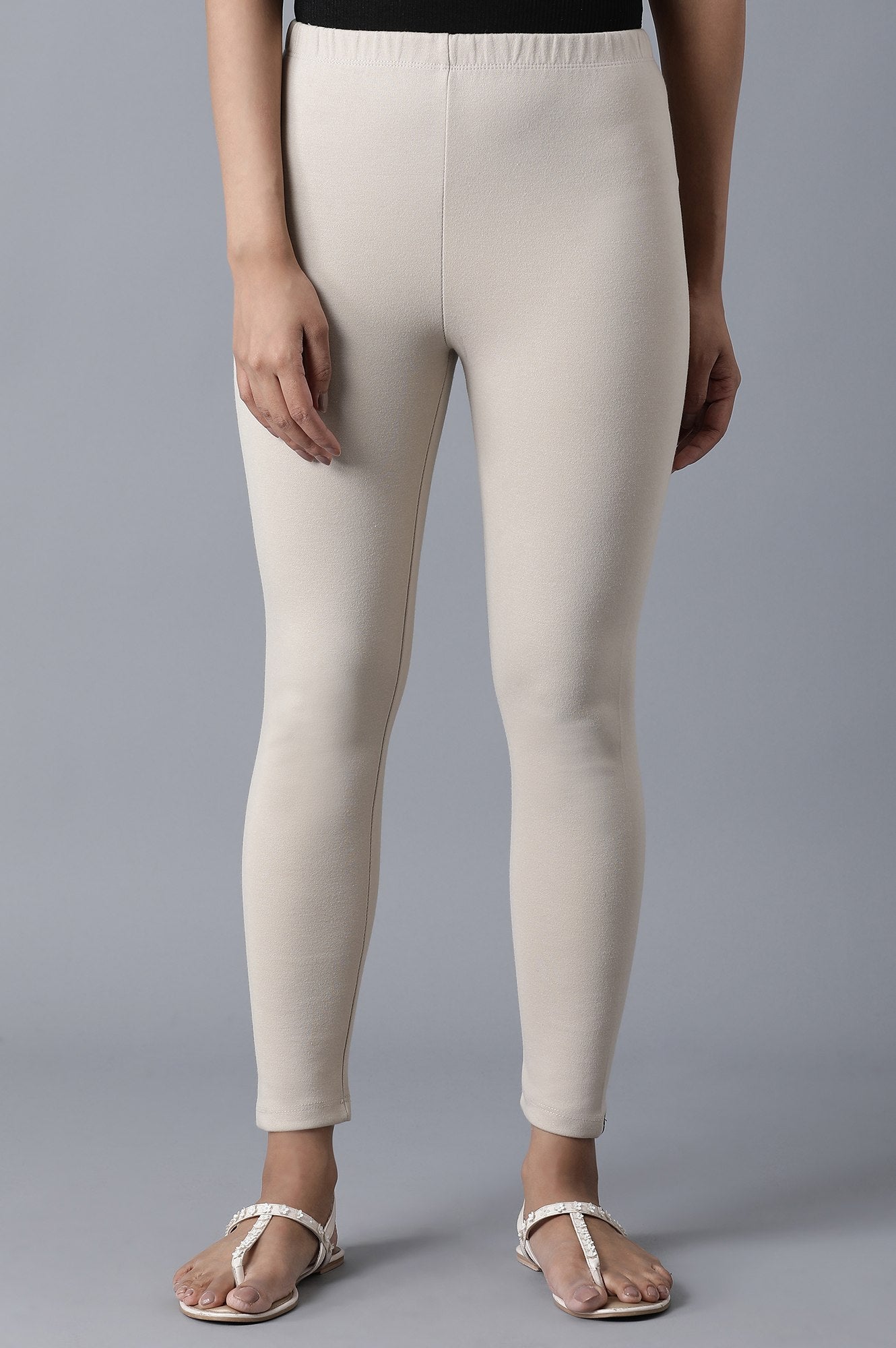 Beige Solid Skinny Fit Cotton Tights With Elasticated Waist