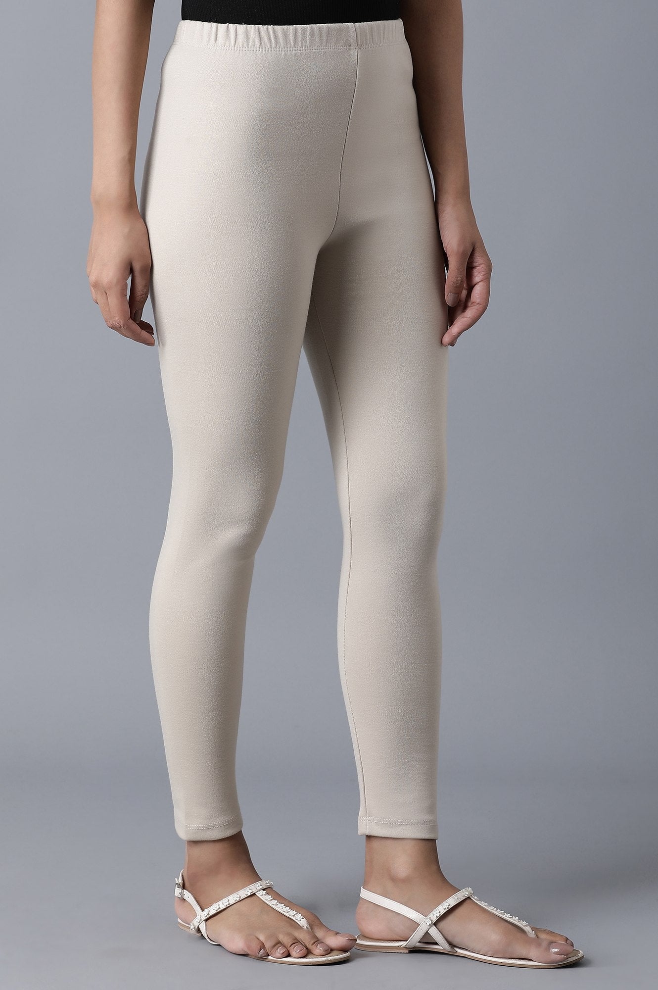 Beige Solid Skinny Fit Cotton Tights With Elasticated Waist