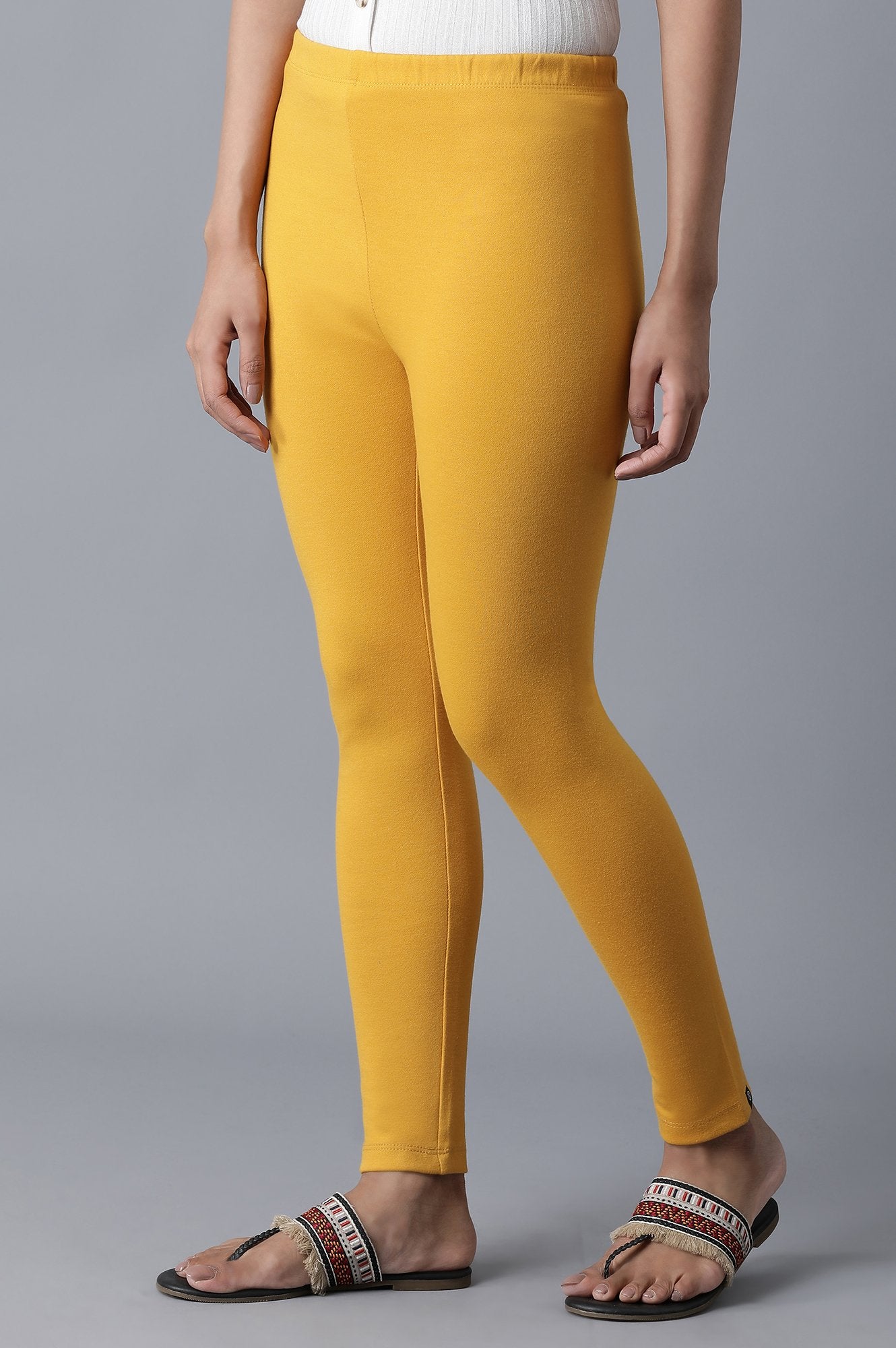 Yellow Solid Skinny Fit Cotton Tights With Elasticated Waistband