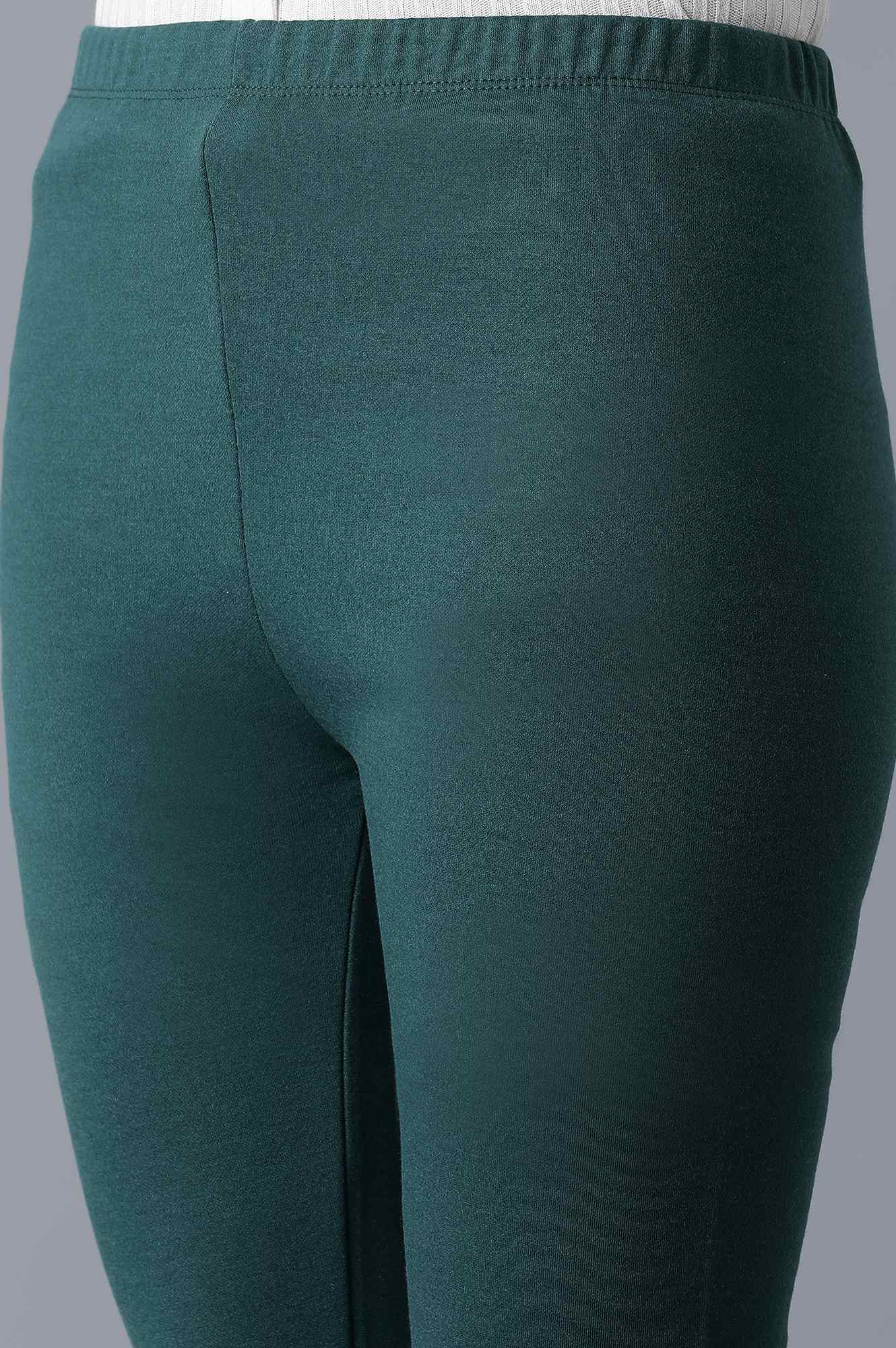 Green Solid Skinny Fit Cotton Tights With Elasticated Waist