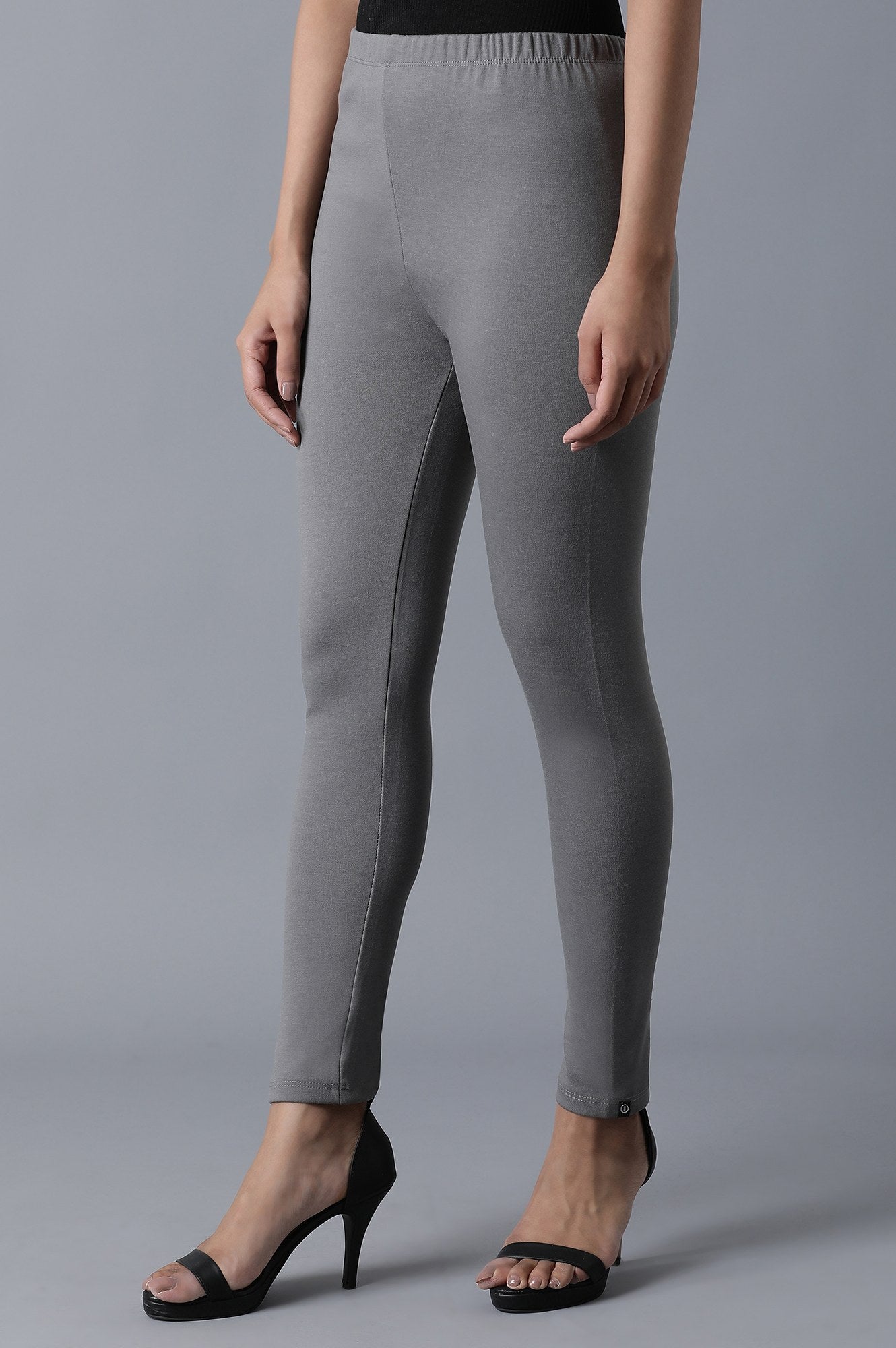 Grey Solid Skinny Fit Cotton Tights With Elasticated Waistband