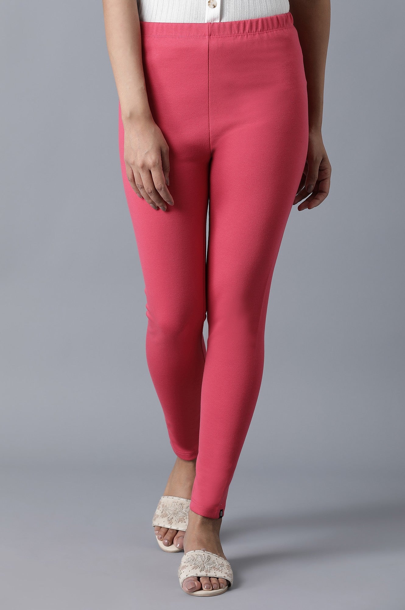 Pink Solid Skinny Fit Cotton Tights With Elasticated Waist