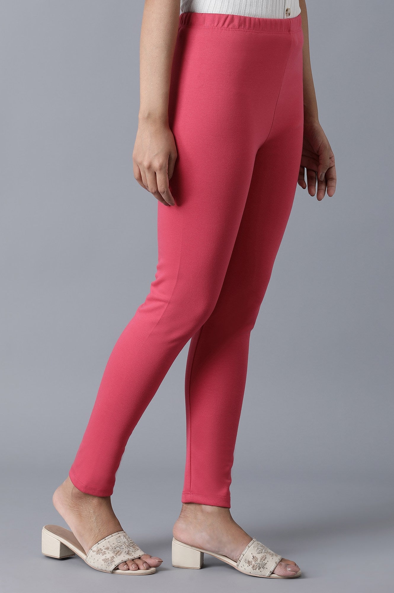 Pink Solid Skinny Fit Cotton Tights With Elasticated Waist