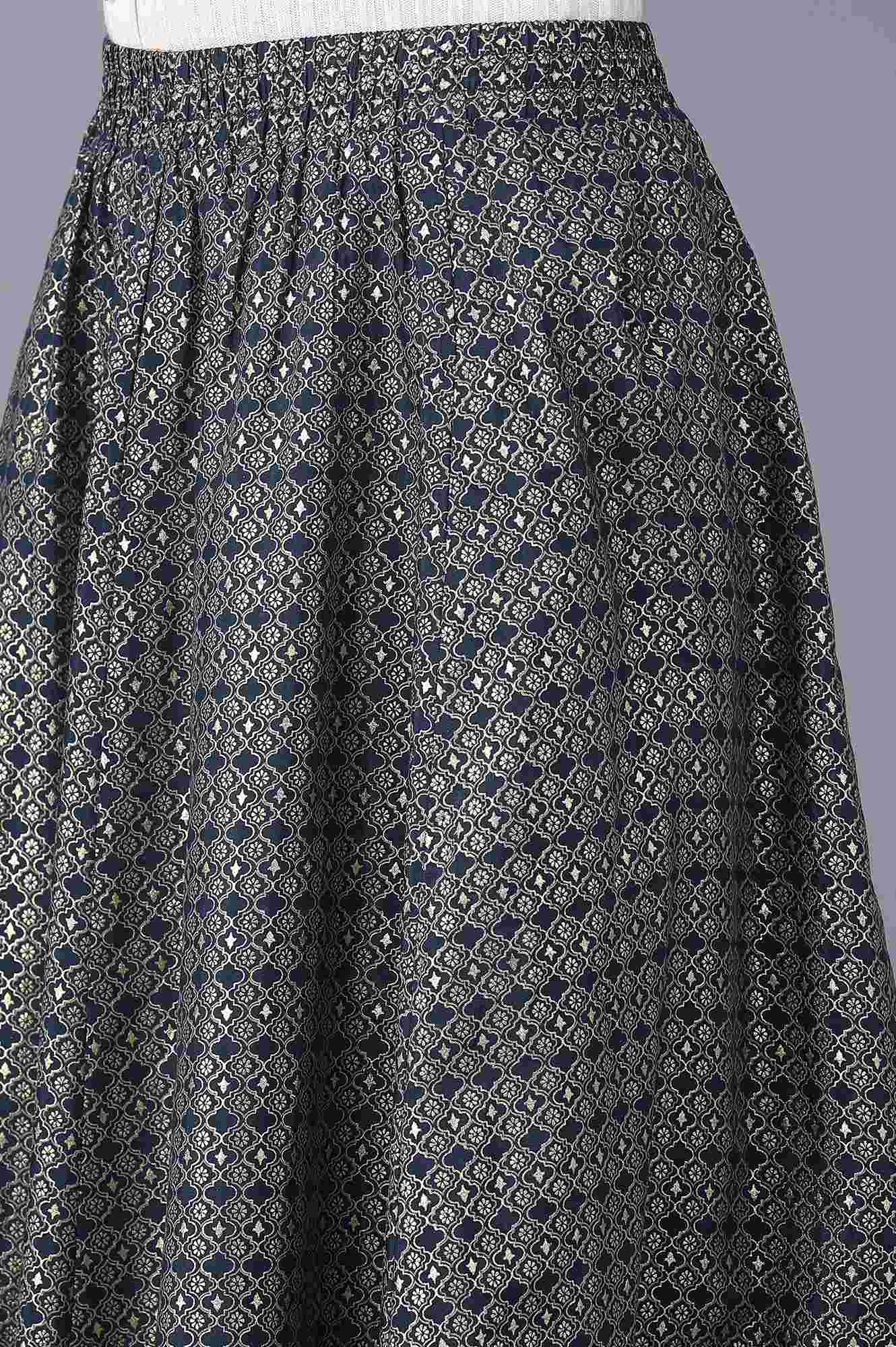Navy Blue Floral Printed Flared Woven Skirt With Elasticated Waist