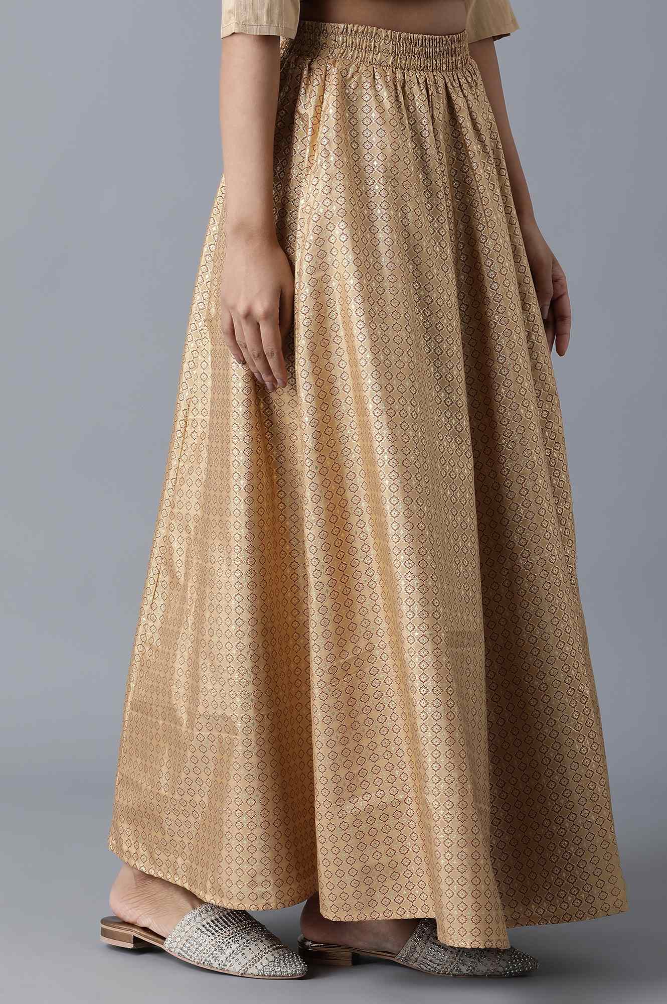 Red Floral Printed Flared Woven Skirt With Elasticated Waist