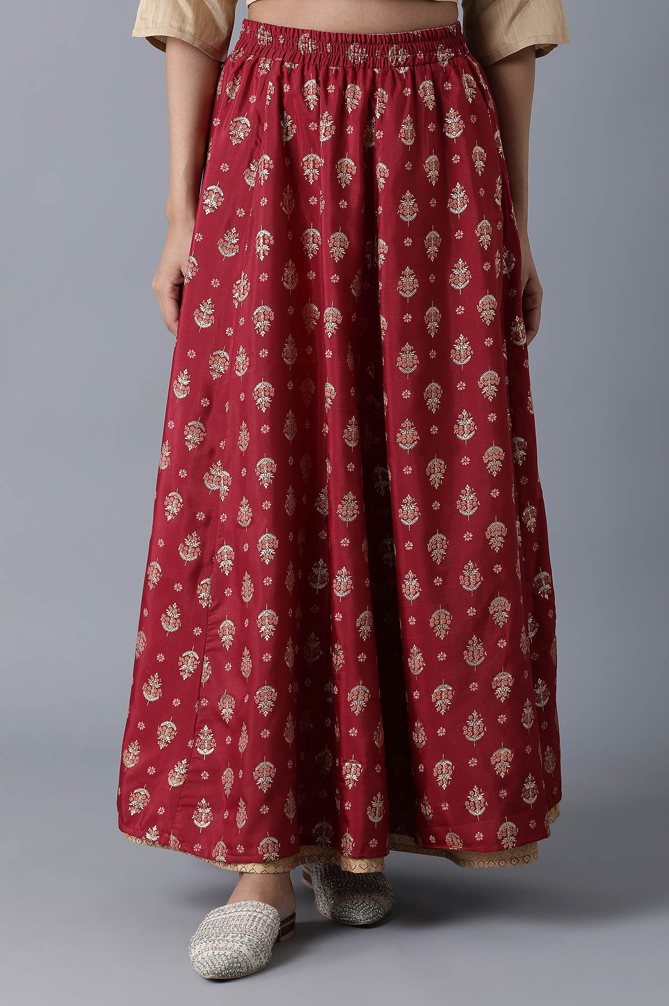 Red Floral Printed Flared Woven Skirt With Elasticated Waist