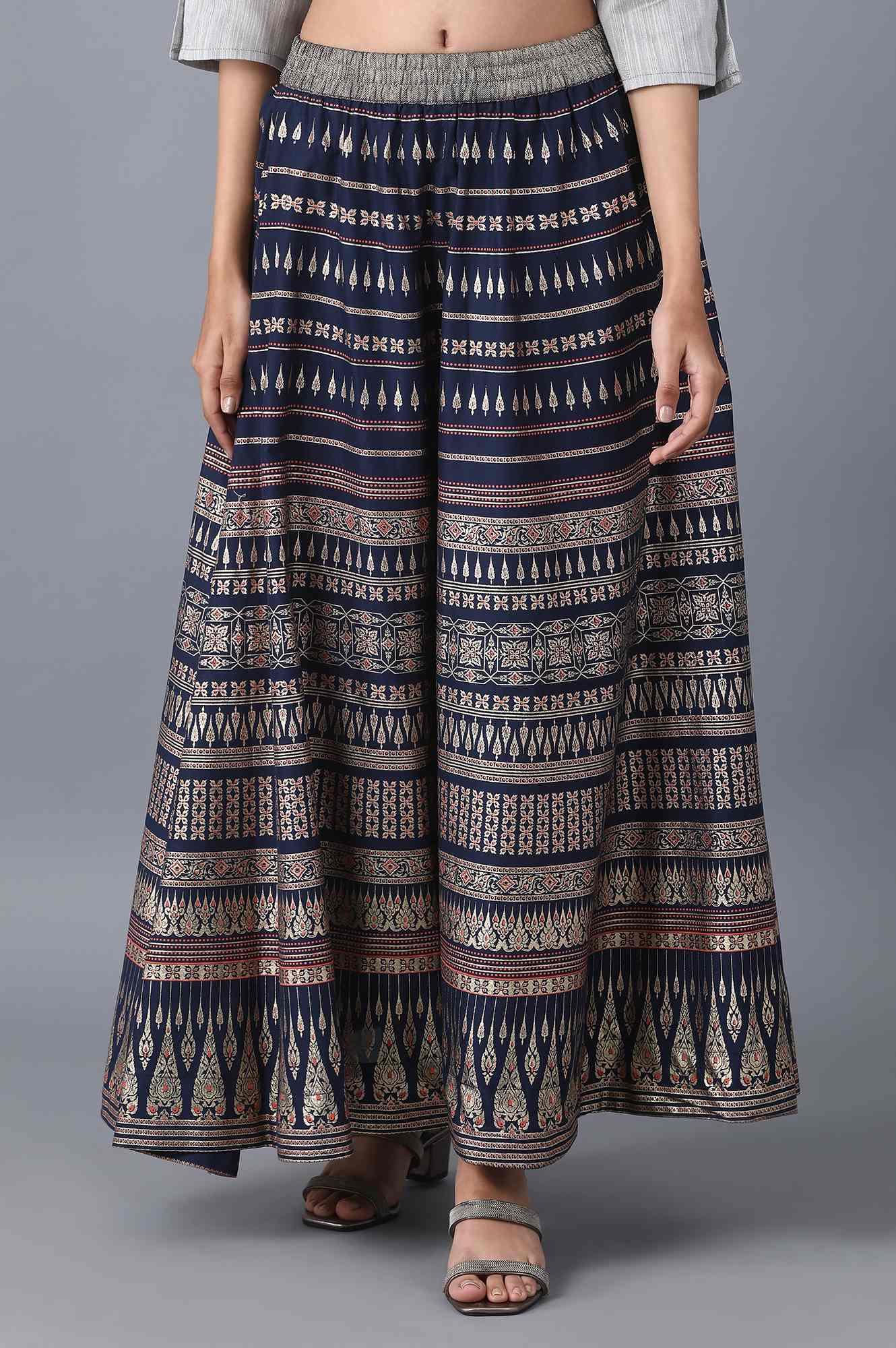 Navy Blue Printed Flared Cotton Skirt With Elasticated Waist