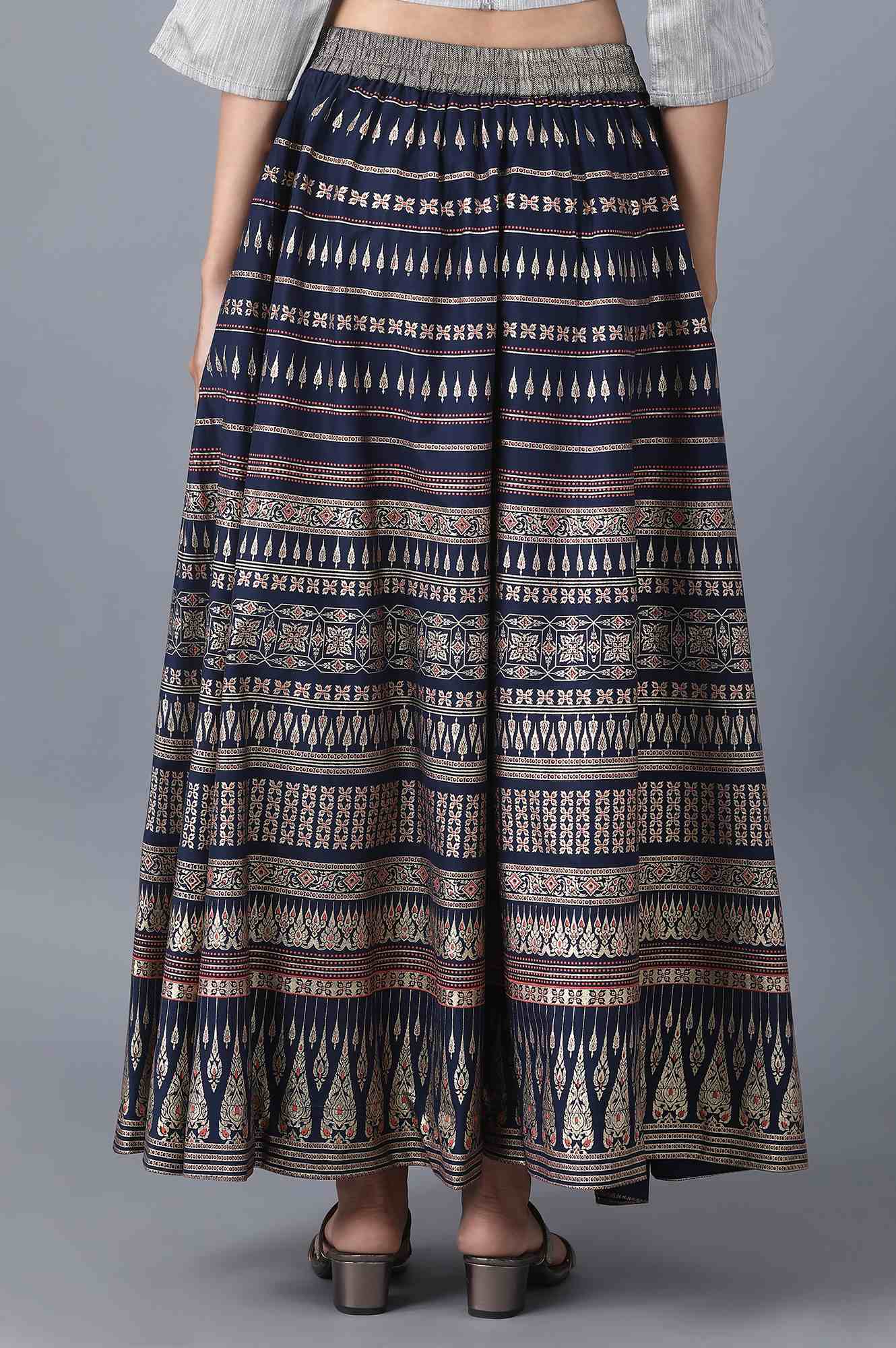 Navy Blue Printed Flared Cotton Skirt With Elasticated Waist