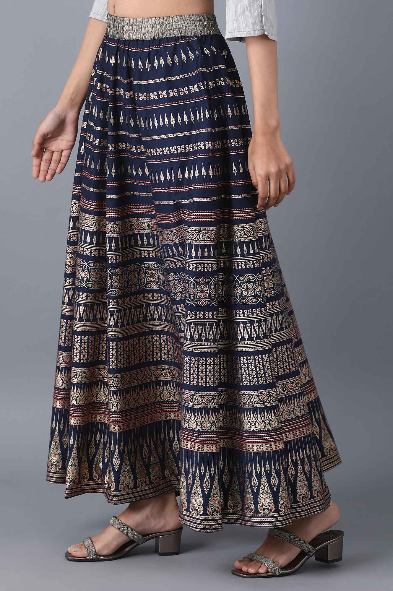 Navy Blue Printed Flared Cotton Skirt With Elasticated Waist