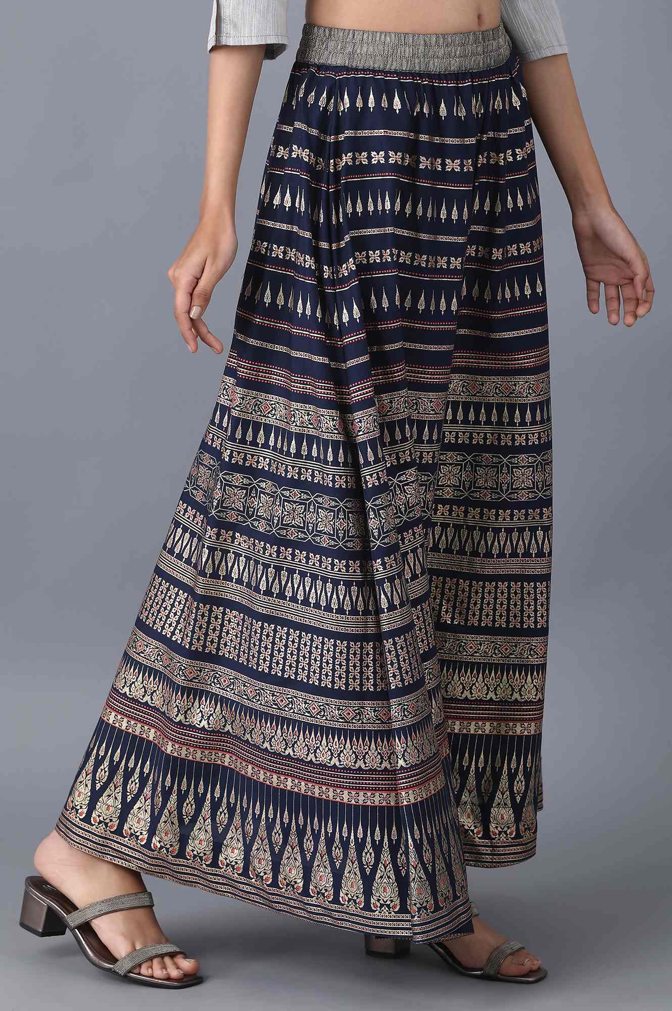 Navy Blue Printed Flared Cotton Skirt With Elasticated Waist