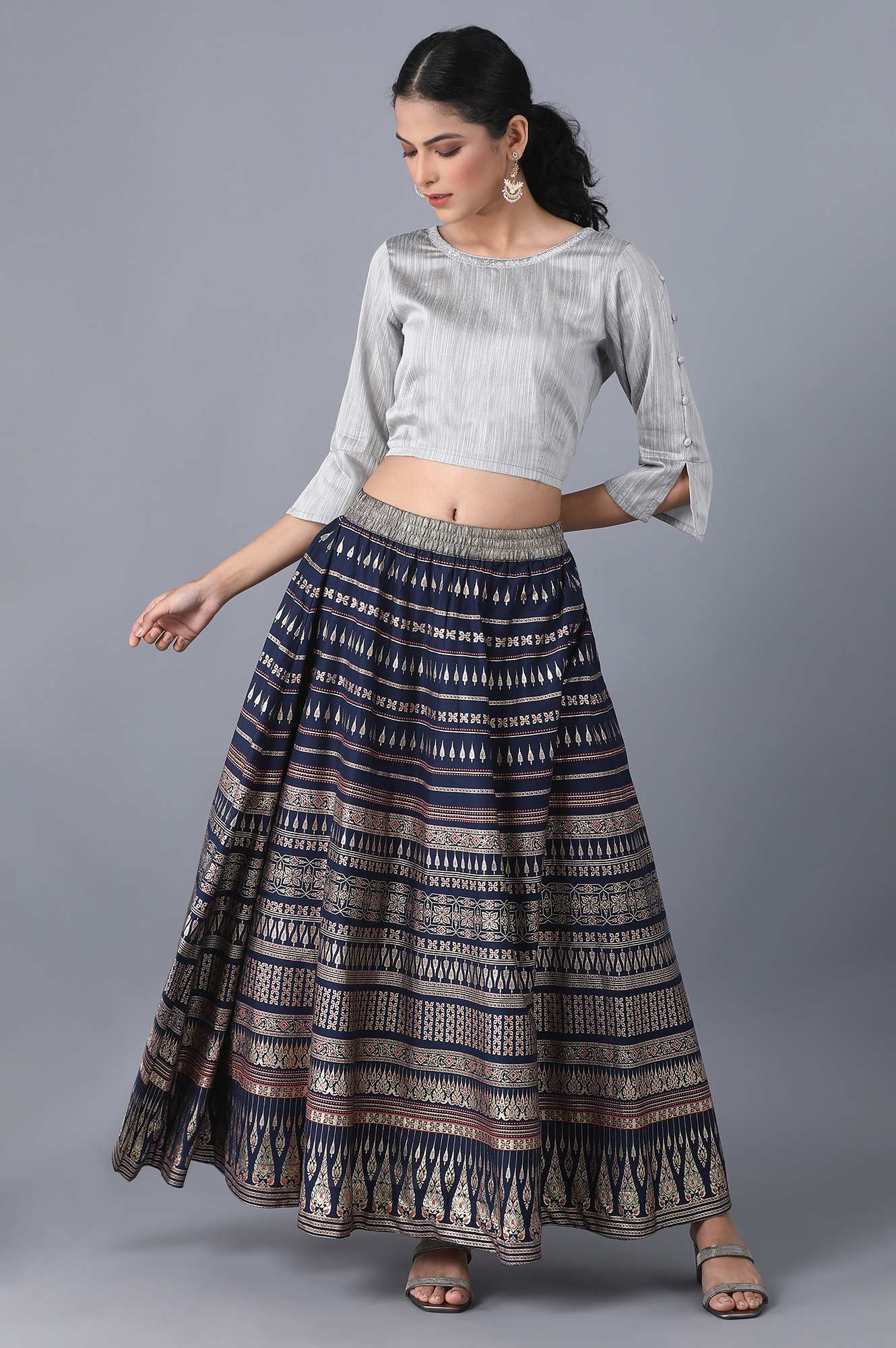 Navy Blue Printed Flared Cotton Skirt With Elasticated Waist