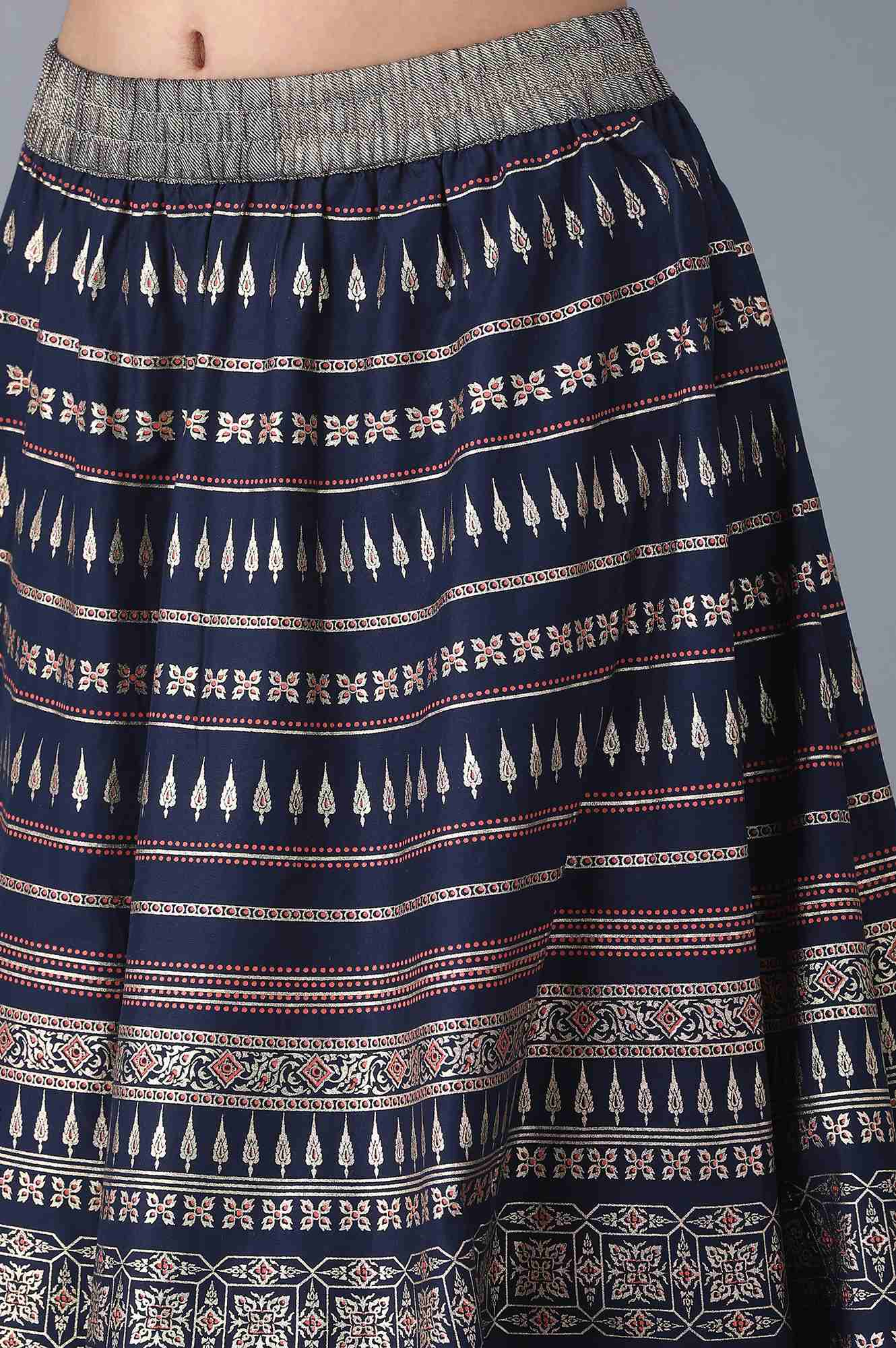Navy Blue Printed Flared Cotton Skirt With Elasticated Waist