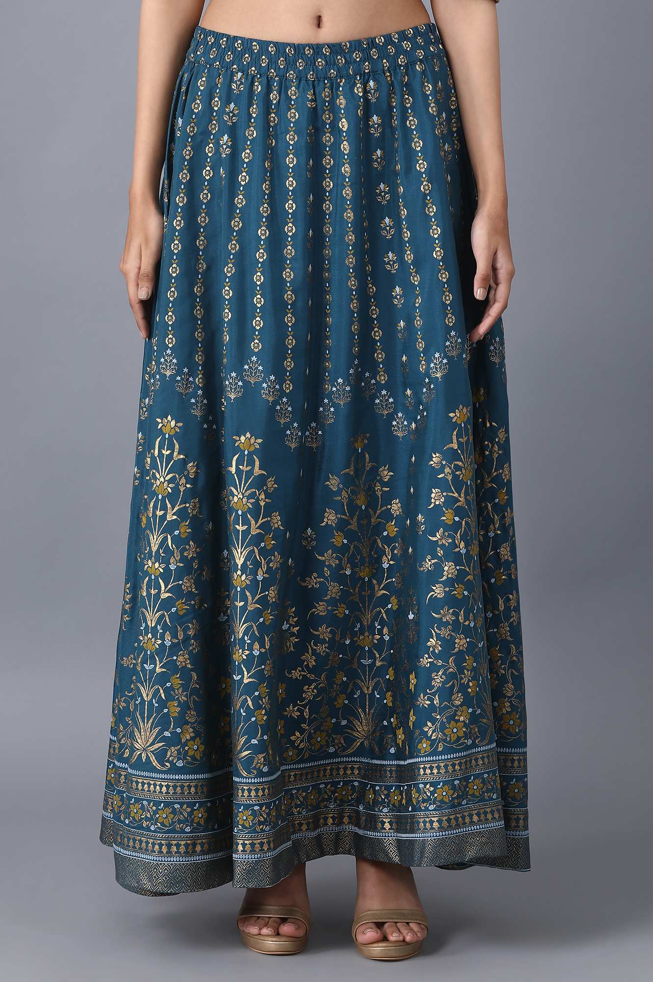 Blue Floral Printed Flared Skirt With Elasticated Waist
