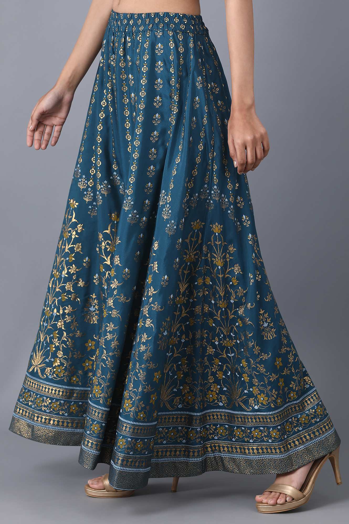 Blue Floral Printed Flared Skirt With Elasticated Waist