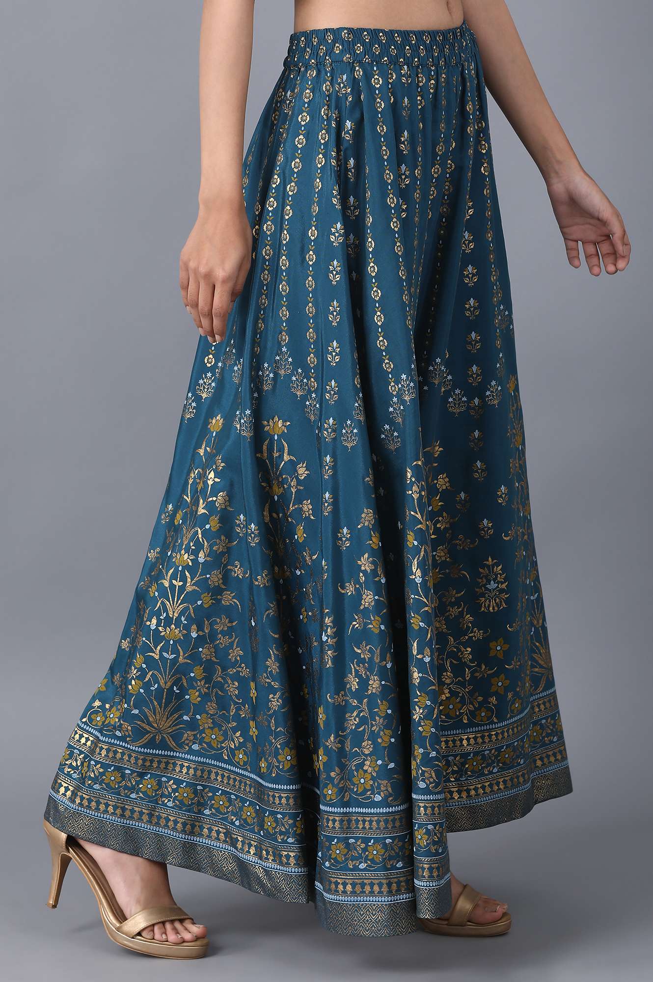 Blue Floral Printed Flared Skirt With Elasticated Waist