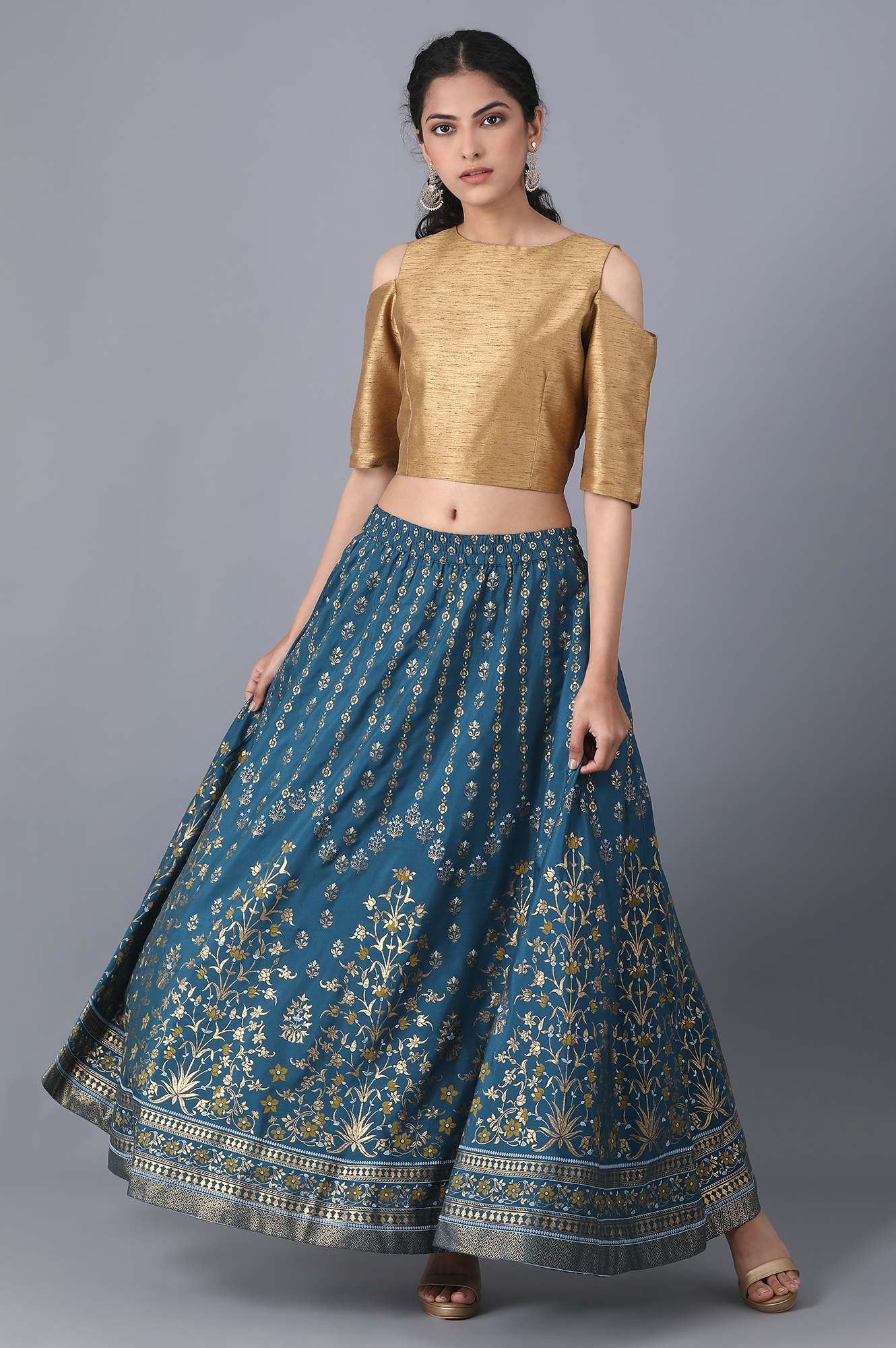 Blue Floral Printed Flared Skirt With Elasticated Waist