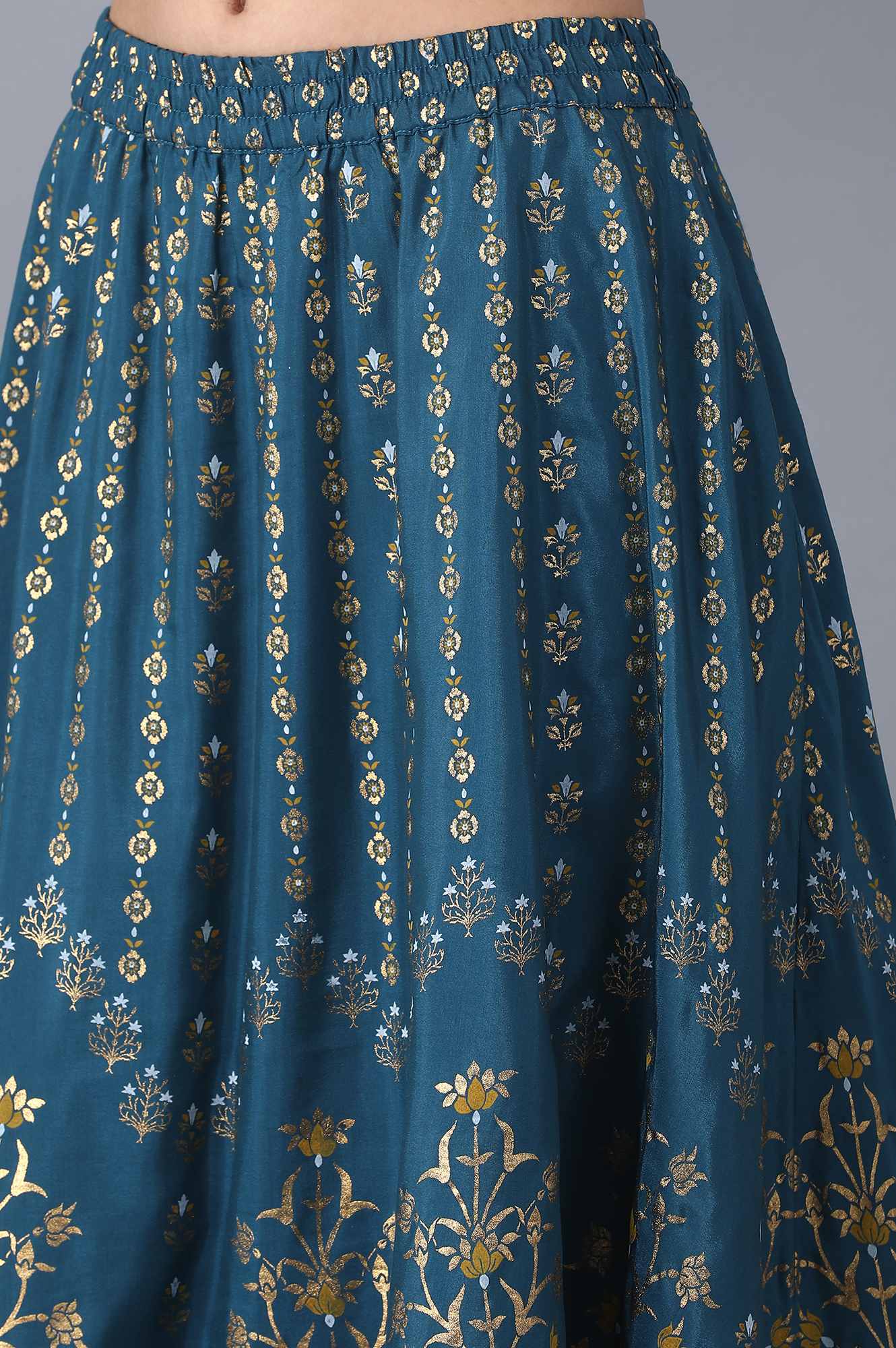 Blue Floral Printed Flared Skirt With Elasticated Waist