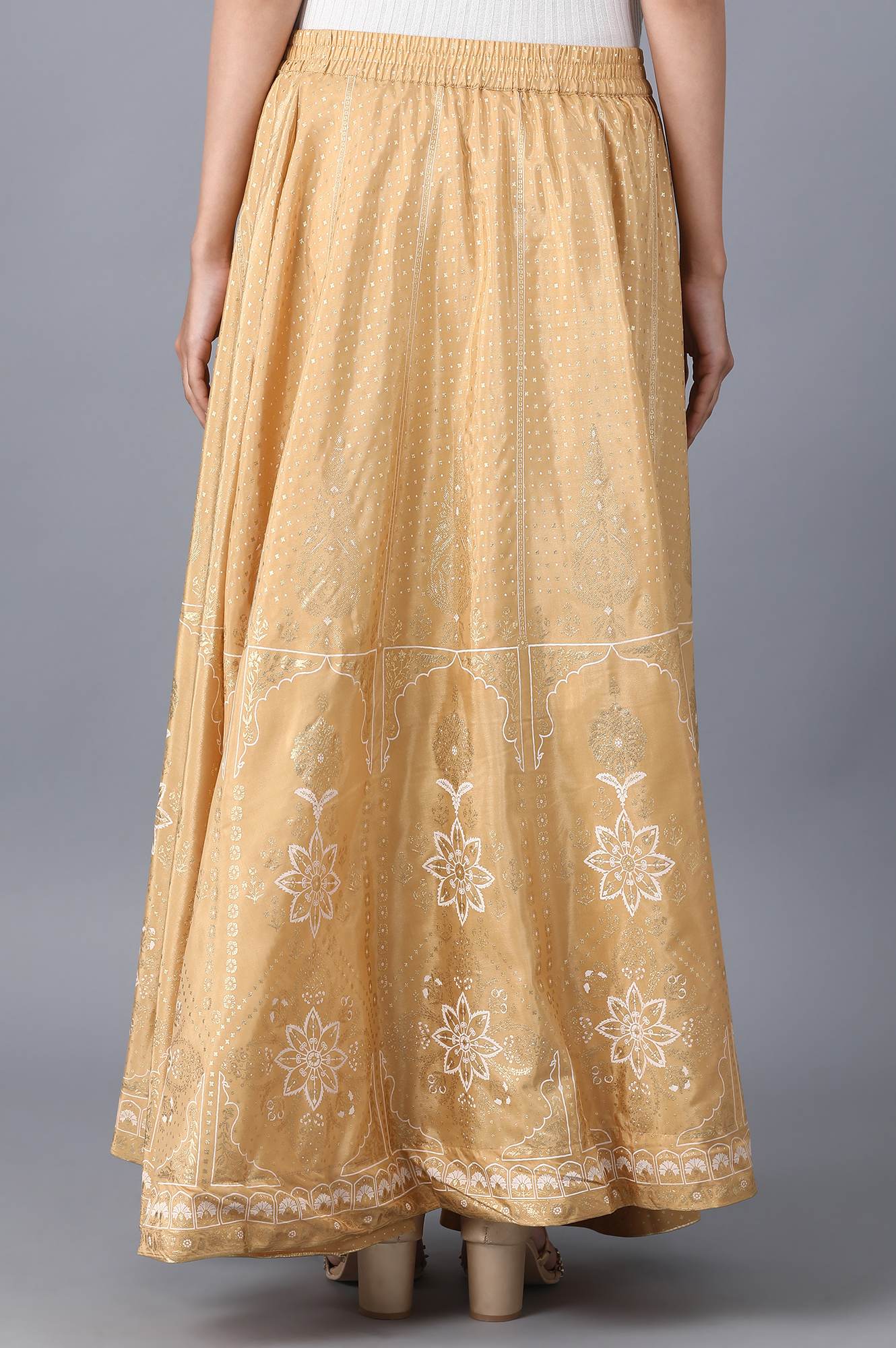 Gold Floral Printed Flared Silk Skirt With Elasticated Waist