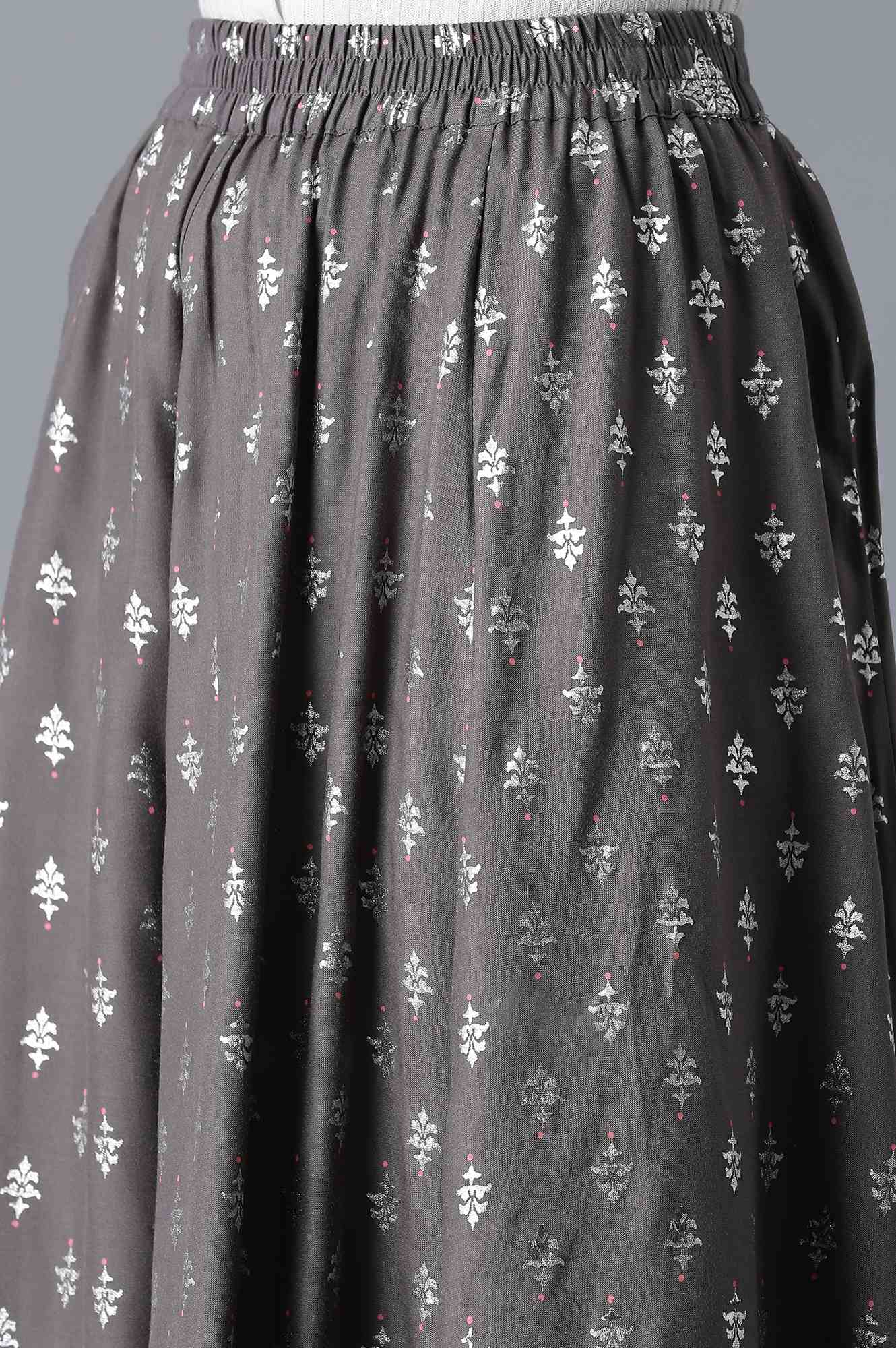 Grey Floral Printed Flared Woven Skirt With Elasticated Waist