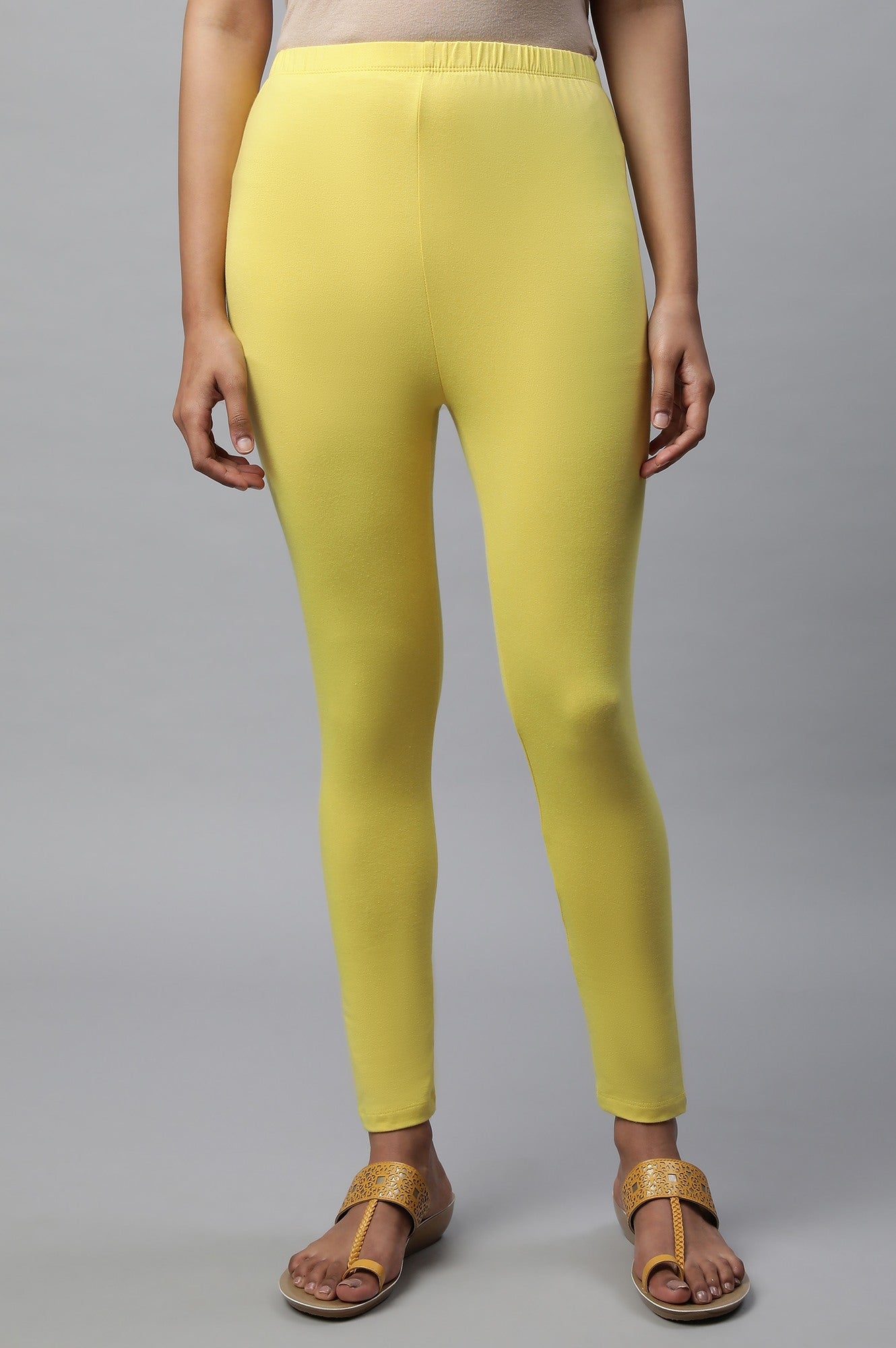 Yellow Solid Skinny Fit Cotton Tights With Elasticated Waistband