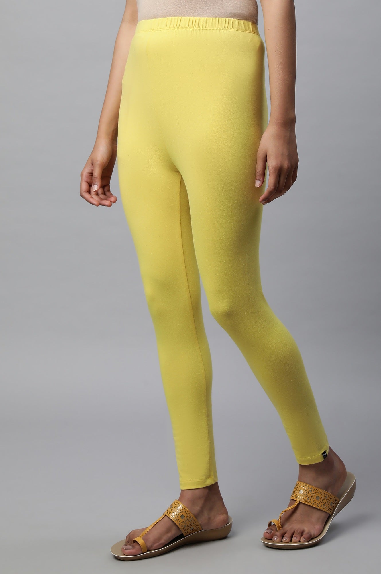 Yellow Solid Skinny Fit Cotton Tights With Elasticated Waistband