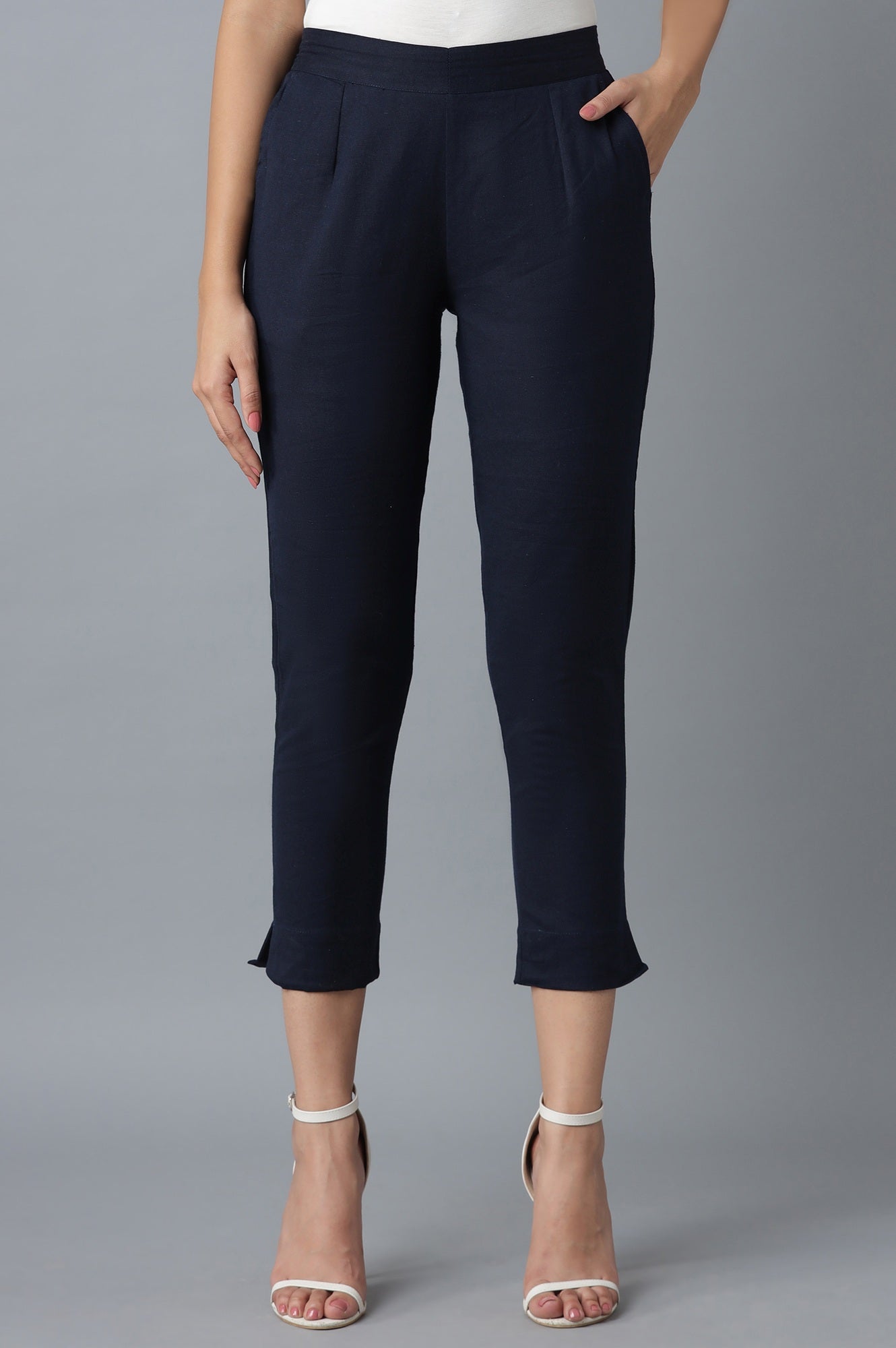 Navy Blue Solid Straight Fit Cotton Trousers With Elasticated Waistband