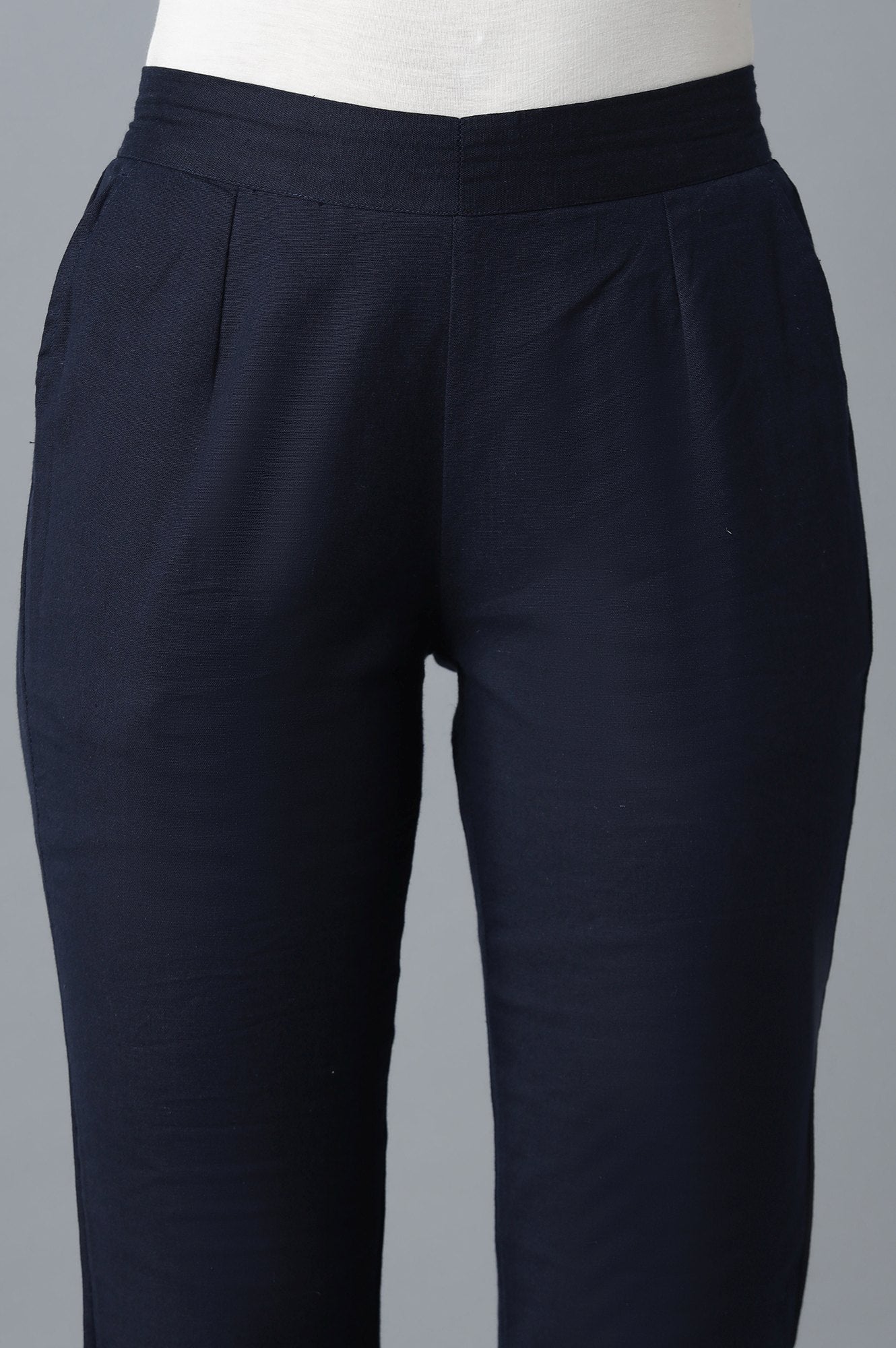 Navy Blue Solid Straight Fit Cotton Trousers With Elasticated Waistband