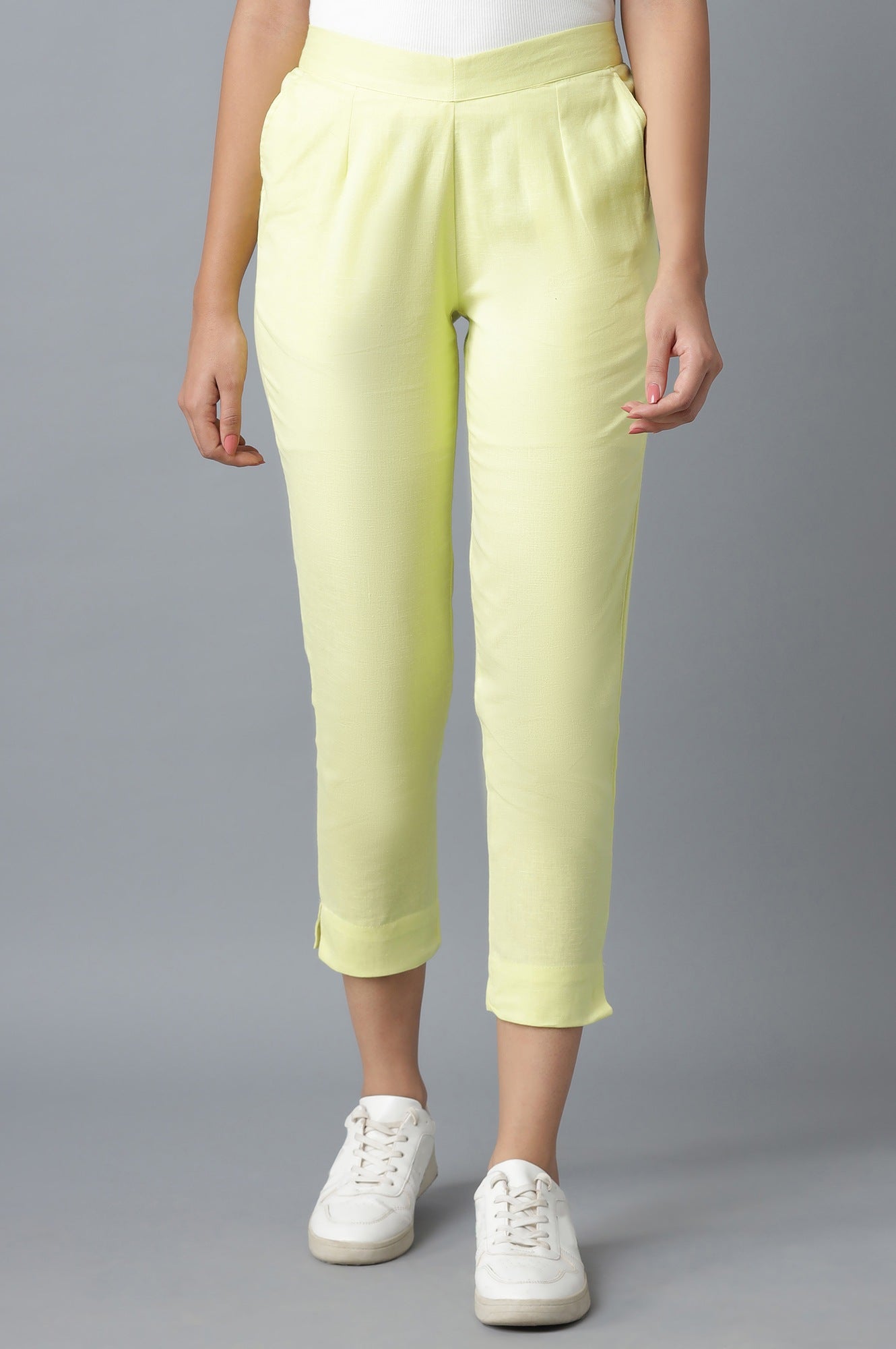 Yellow Solid Straight Fit Cotton Trousers With Elasticated Waist