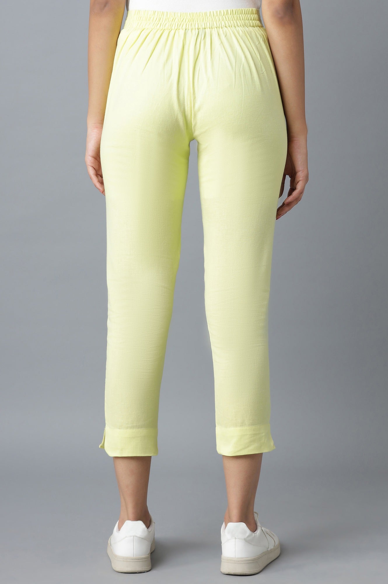Yellow Solid Straight Fit Cotton Trousers With Elasticated Waist