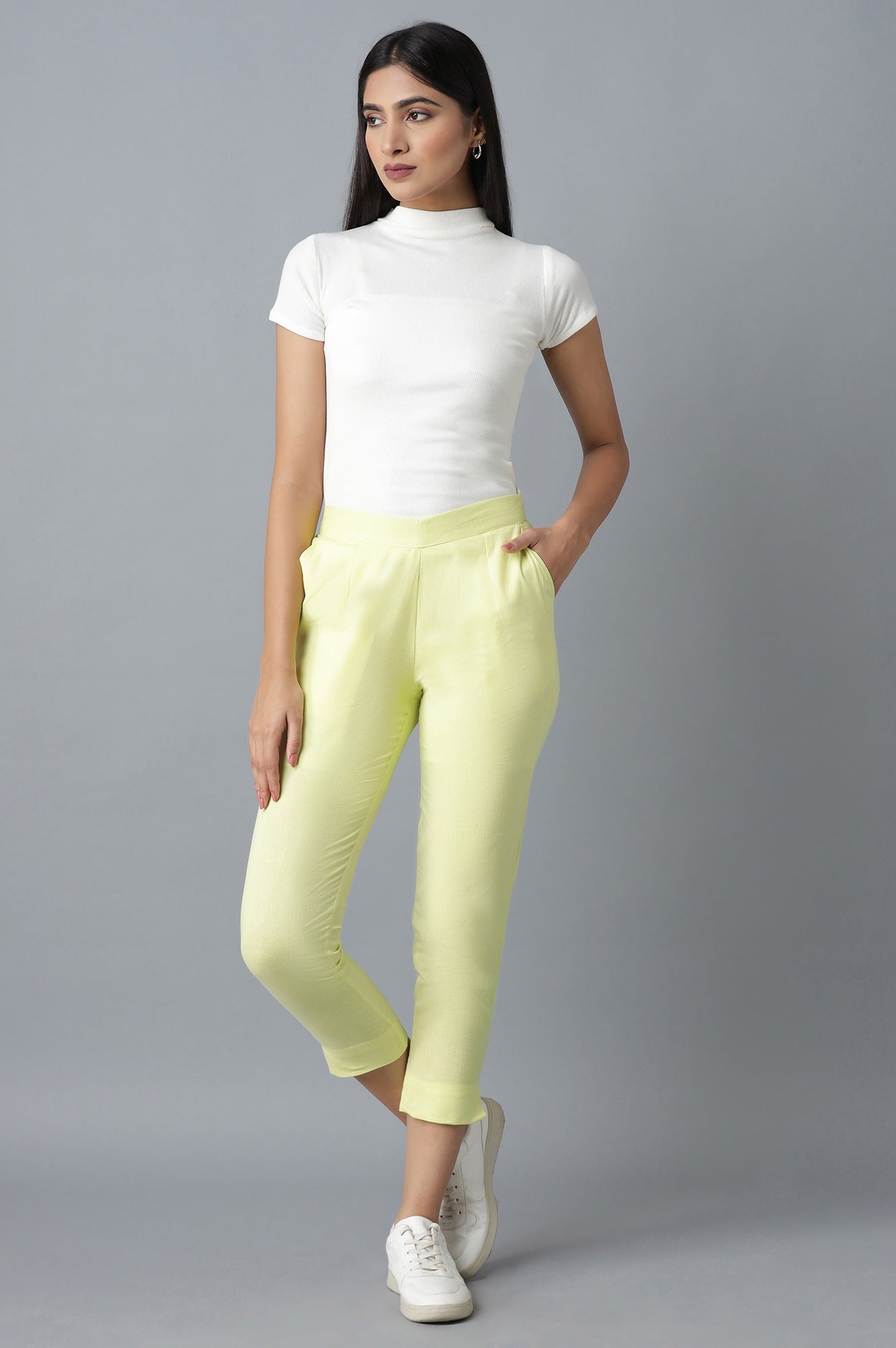 Yellow Solid Straight Fit Cotton Trousers With Elasticated Waist